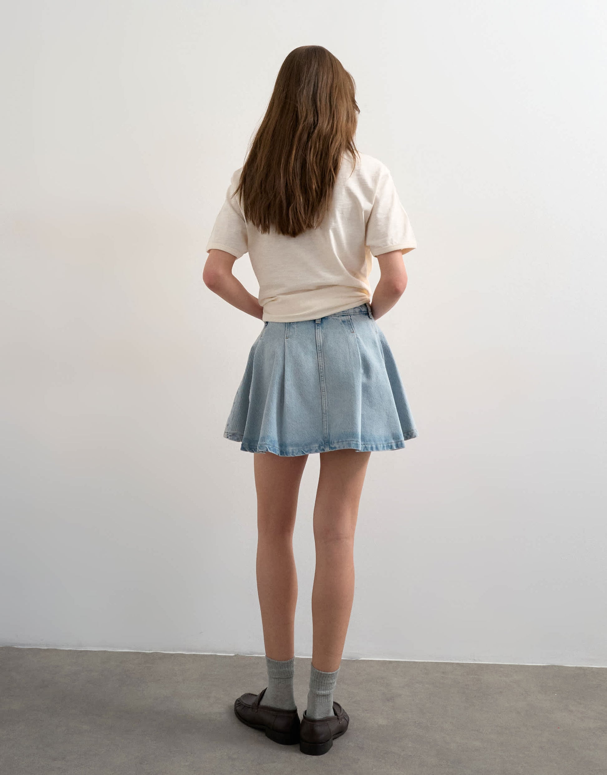 Topshop denim pleated full mini skirt in bleach