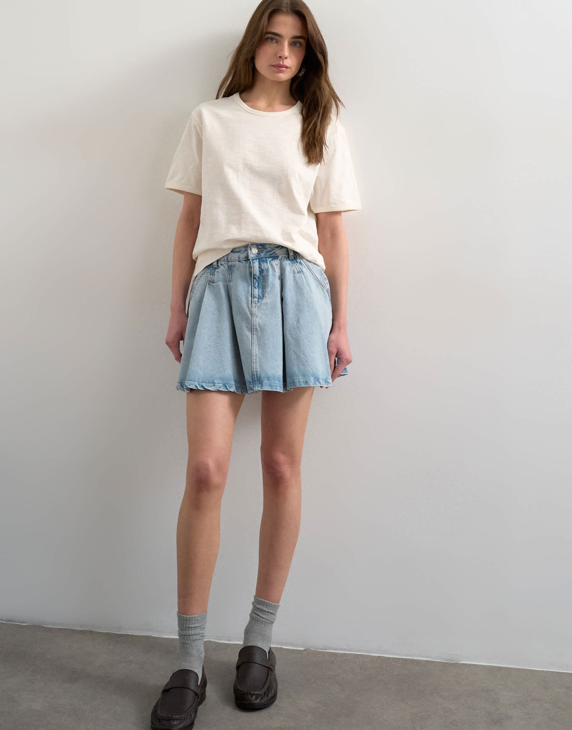 Topshop denim pleated full mini skirt in bleach