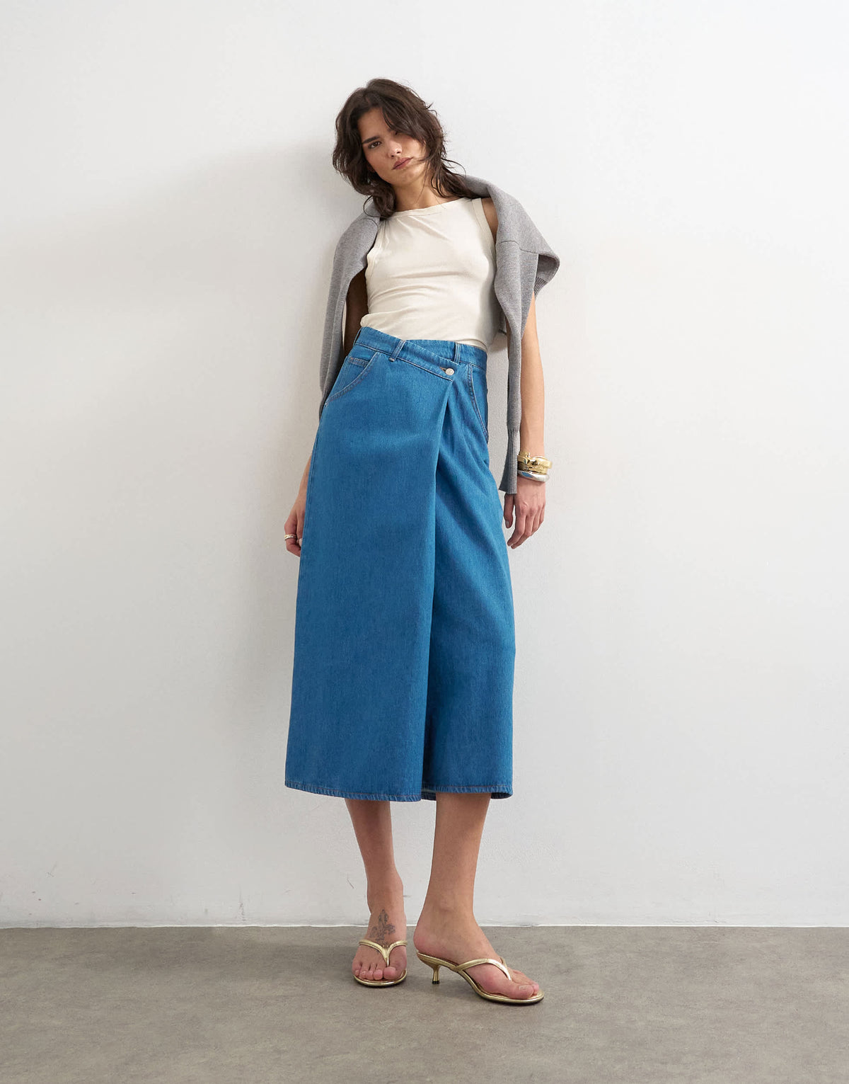 Topshop denim wrap circle midi skirt in mid blue