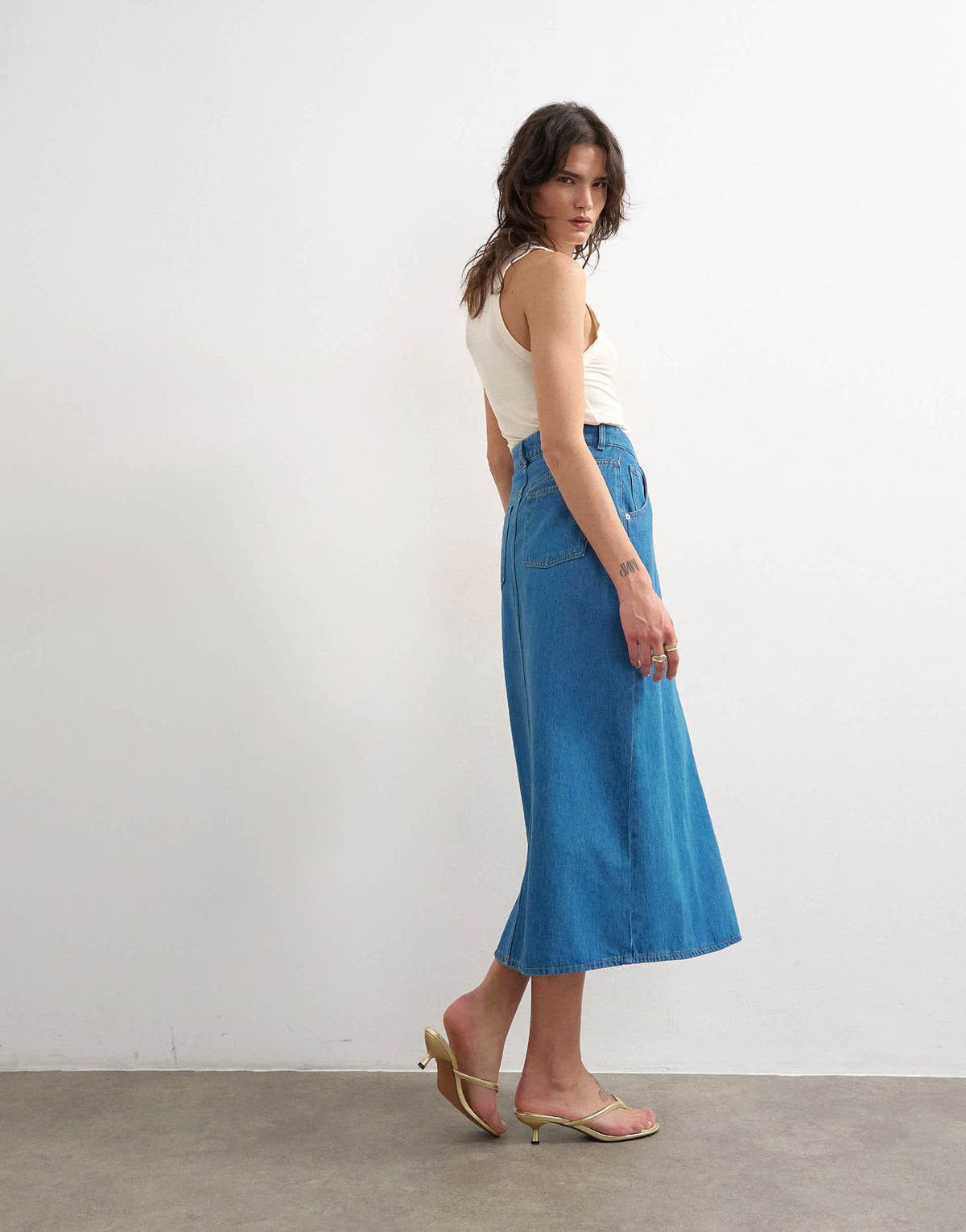 Topshop denim wrap circle midi skirt in mid blue