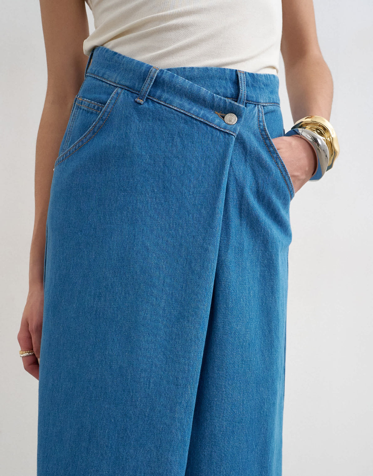 Topshop denim wrap circle midi skirt in mid blue
