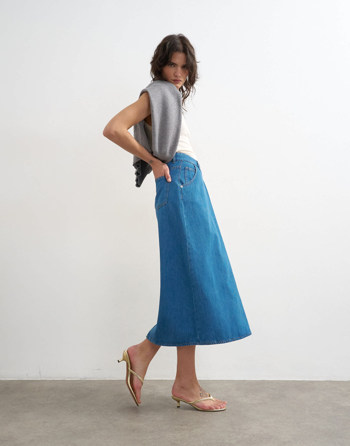 Topshop denim wrap circle midi skirt in mid blue