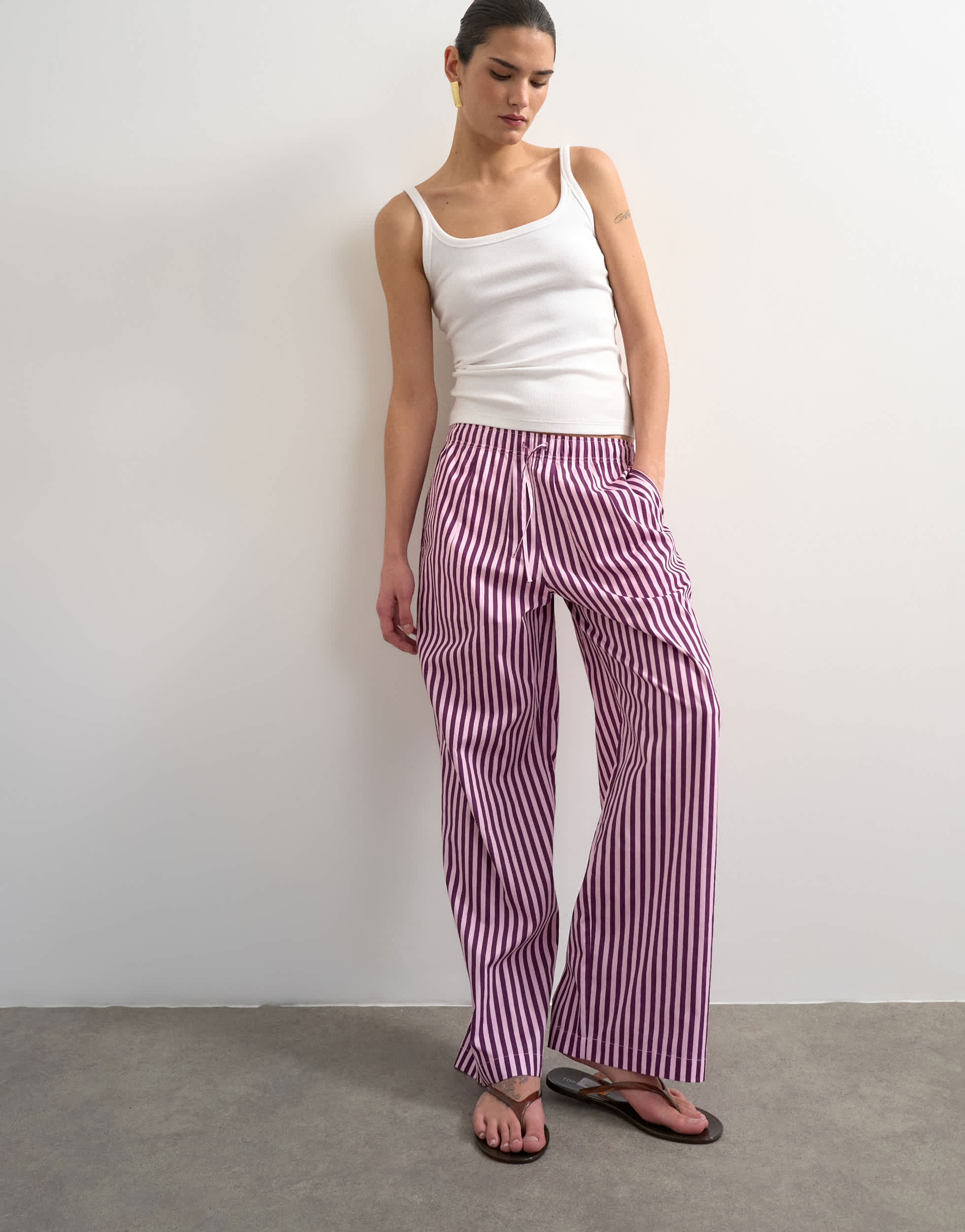 Topshop poplin stripe wide leg pull on trouser in pink stripe