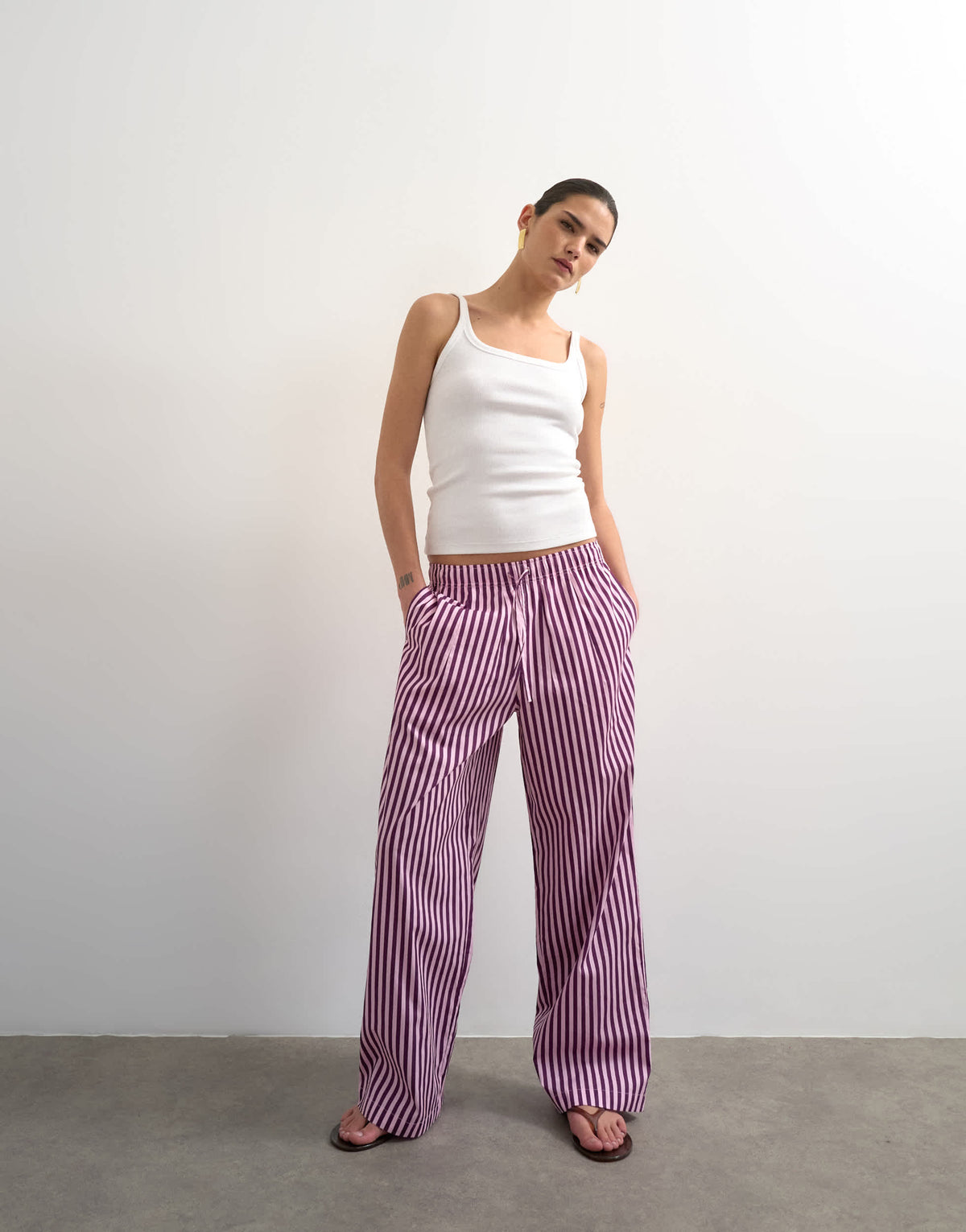 Topshop poplin stripe wide leg pull on trouser in pink stripe