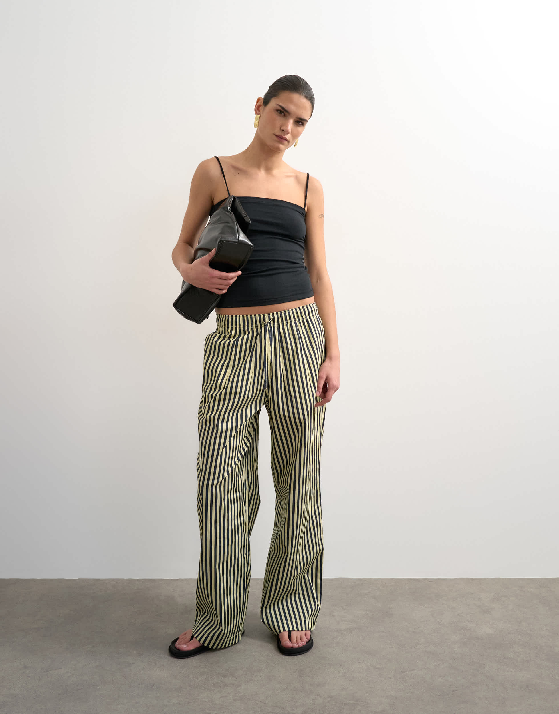Topshop poplin stripe wide leg pull on trouser in navy stripe