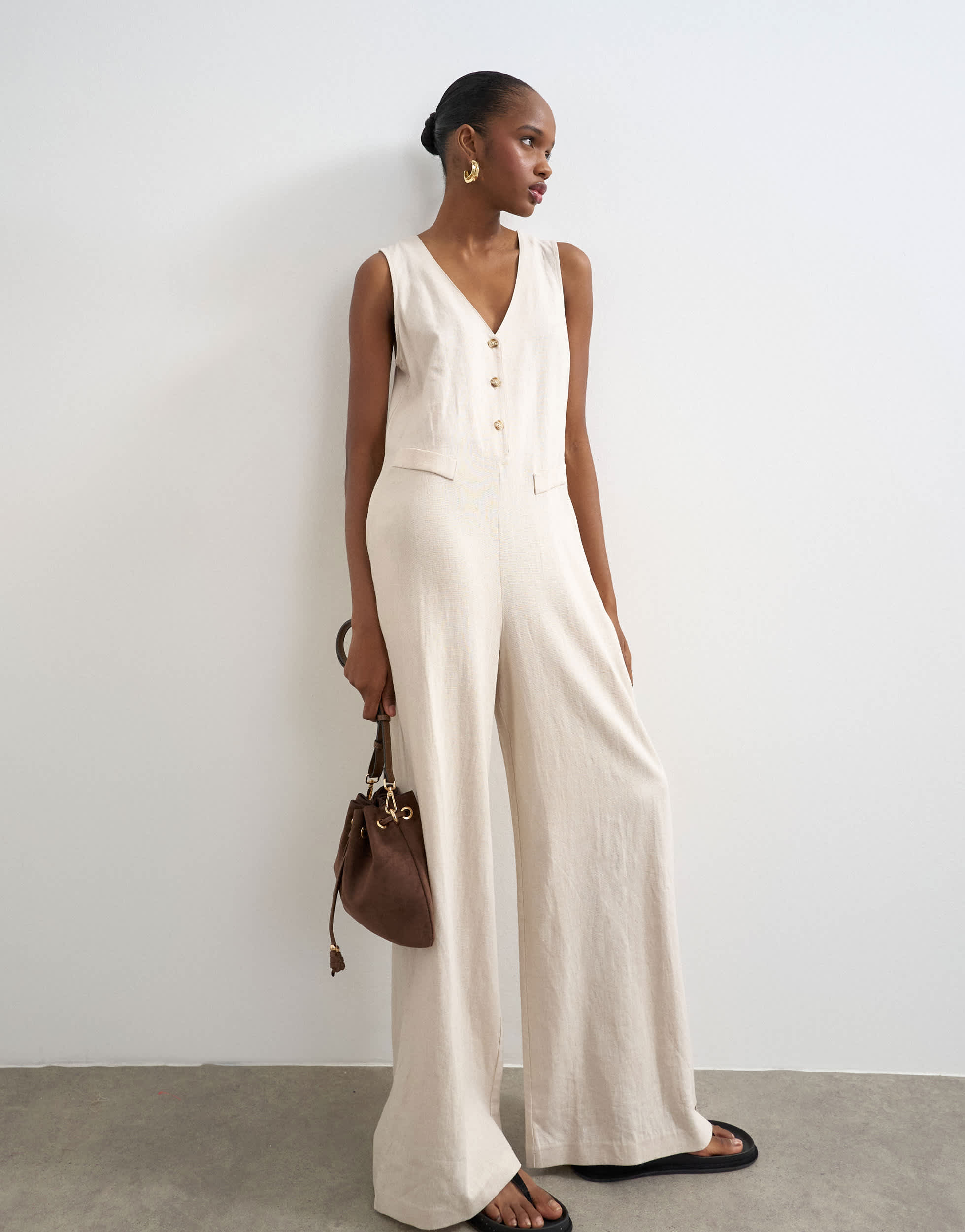 Topshop tailored linen jumpsuit in neutral