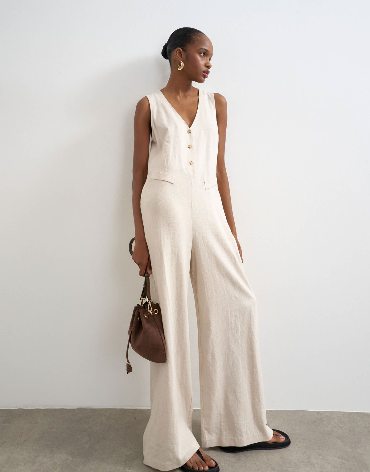 Topshop tailored linen jumpsuit in neutral