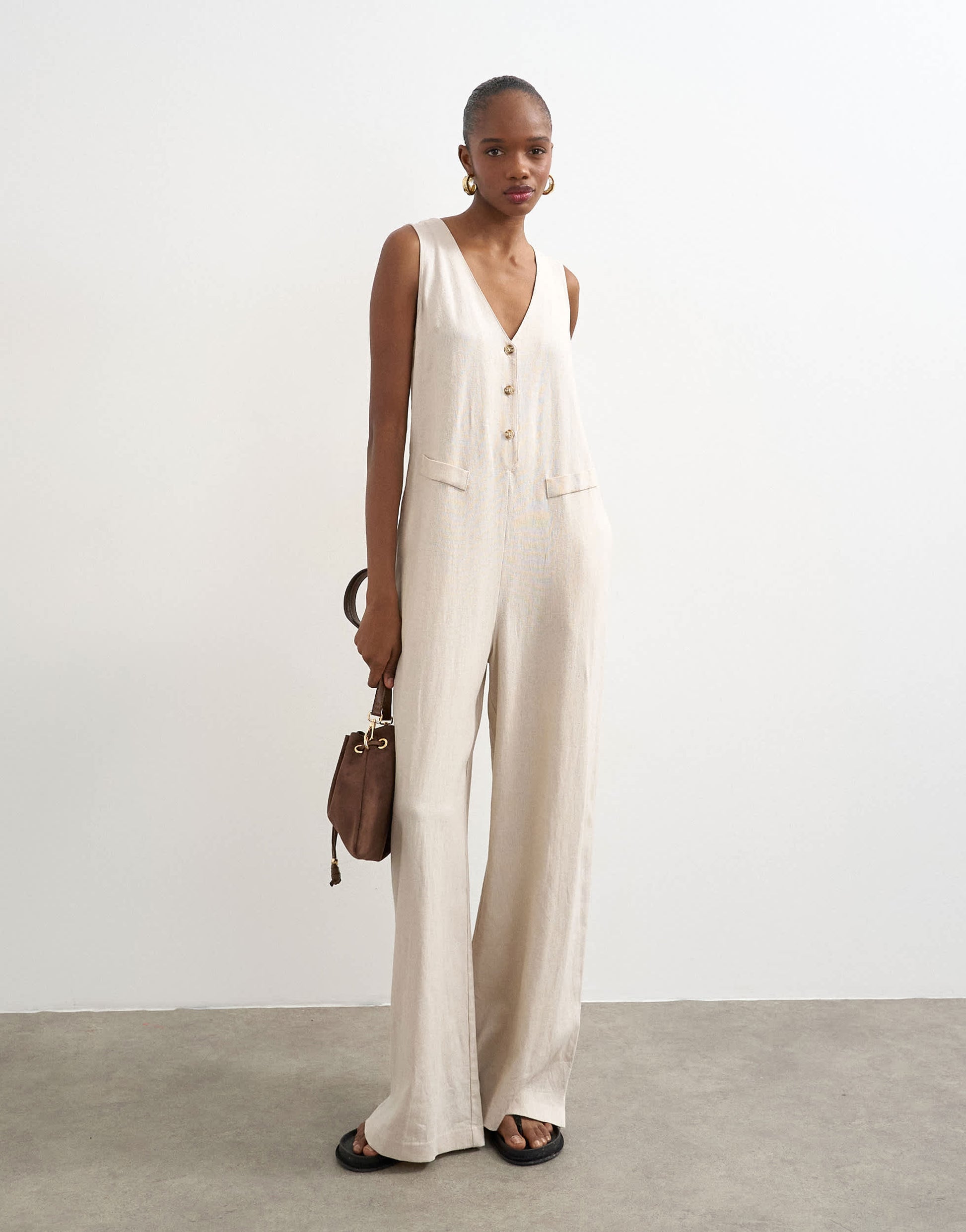 Topshop tailored linen jumpsuit in neutral