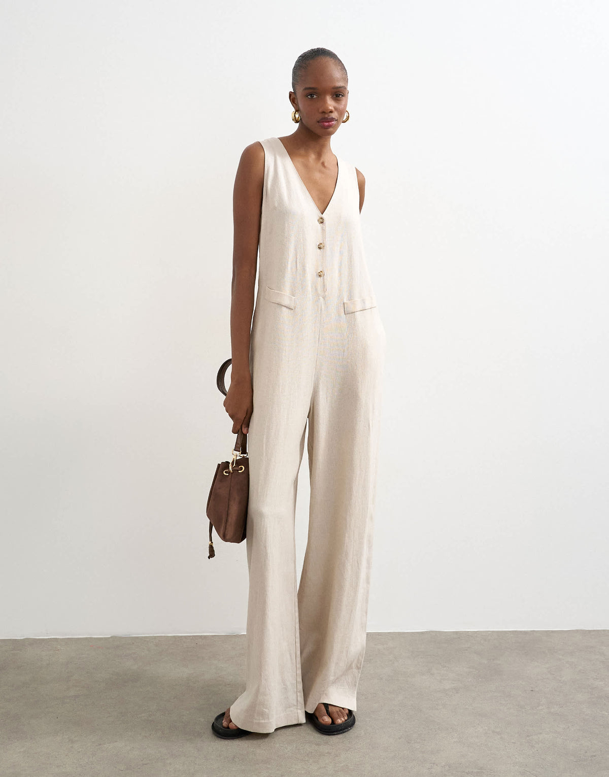 Topshop tailored linen jumpsuit in neutral