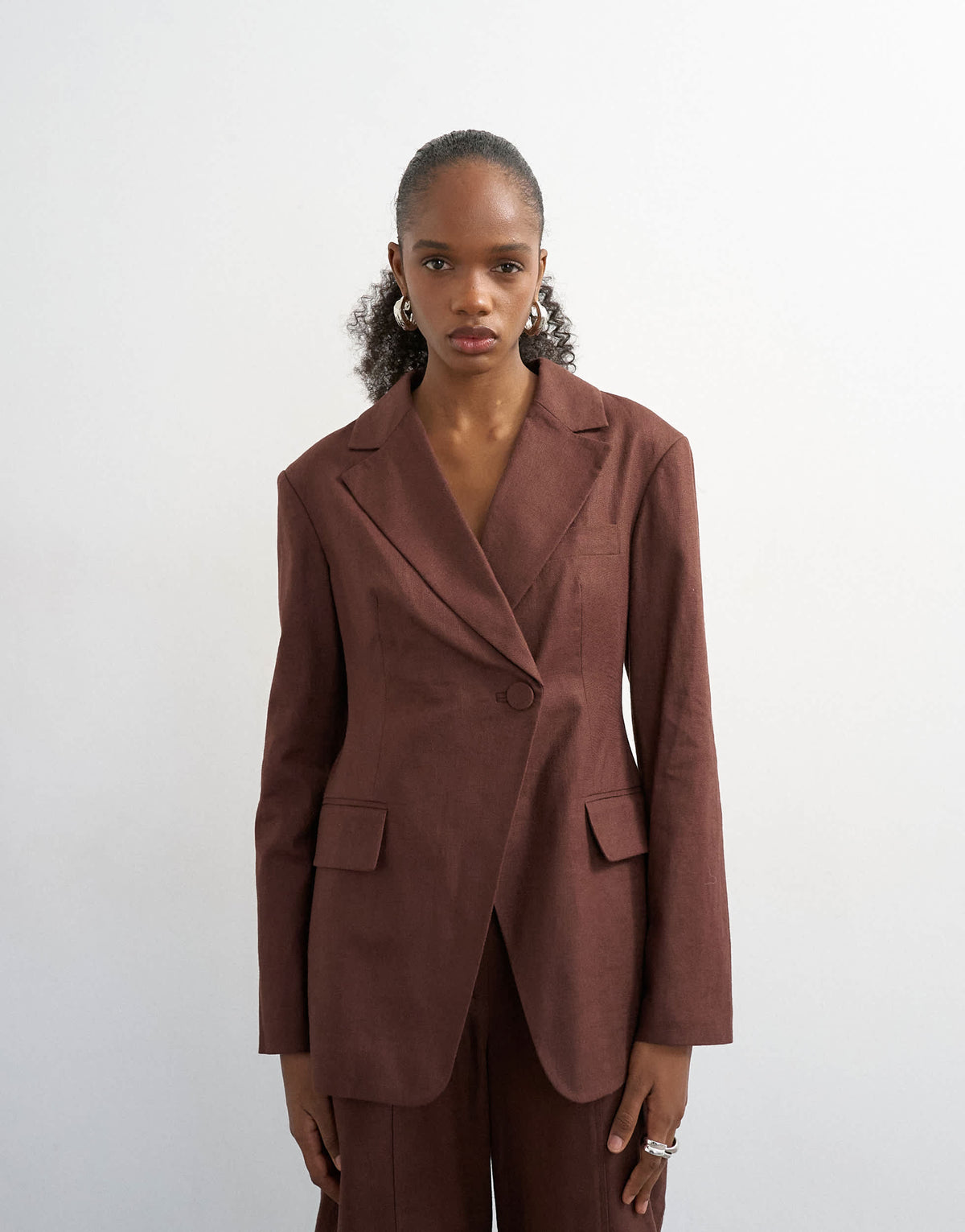 Topshop linen blend co ord occasion strong shoulder cinched waist blazer in chocolate