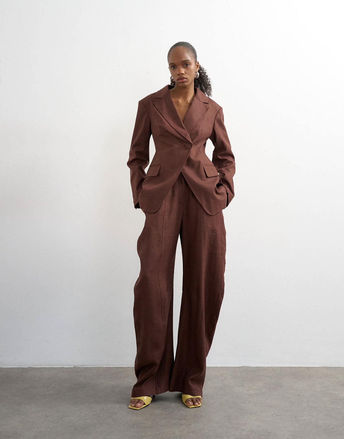 Topshop linen blend co ord occasion strong shoulder cinched waist blazer in chocolate