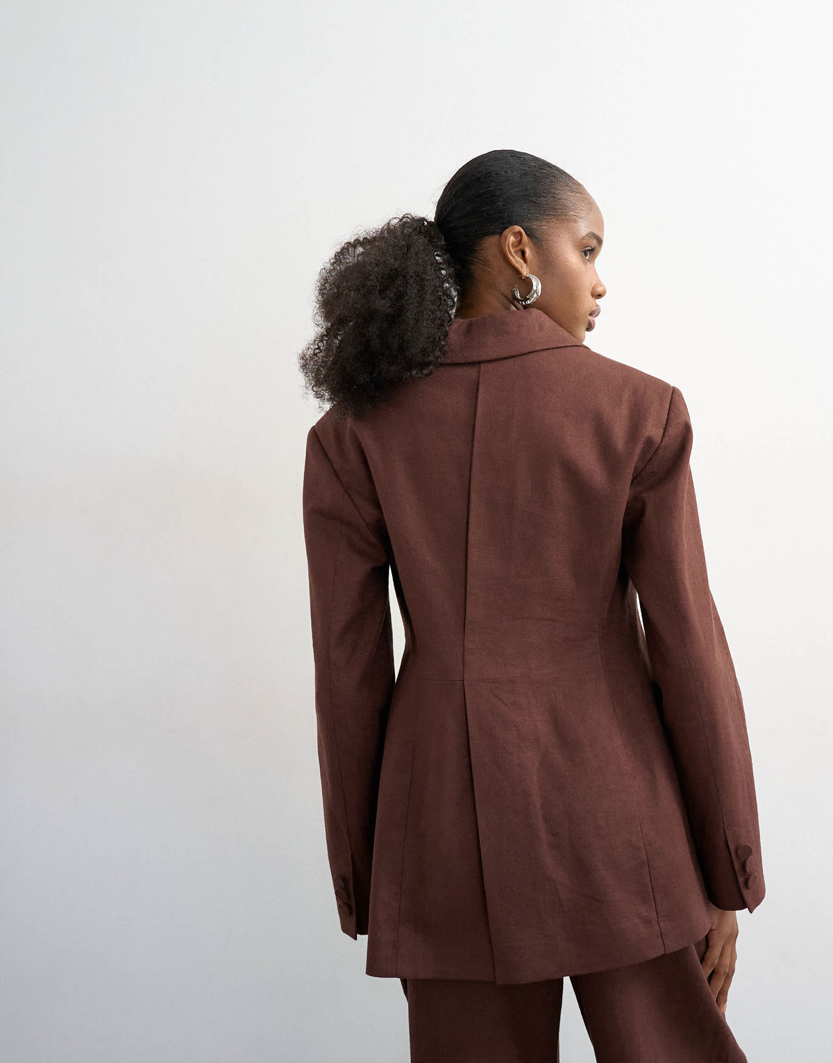 Topshop linen blend co ord occasion strong shoulder cinched waist blazer in chocolate