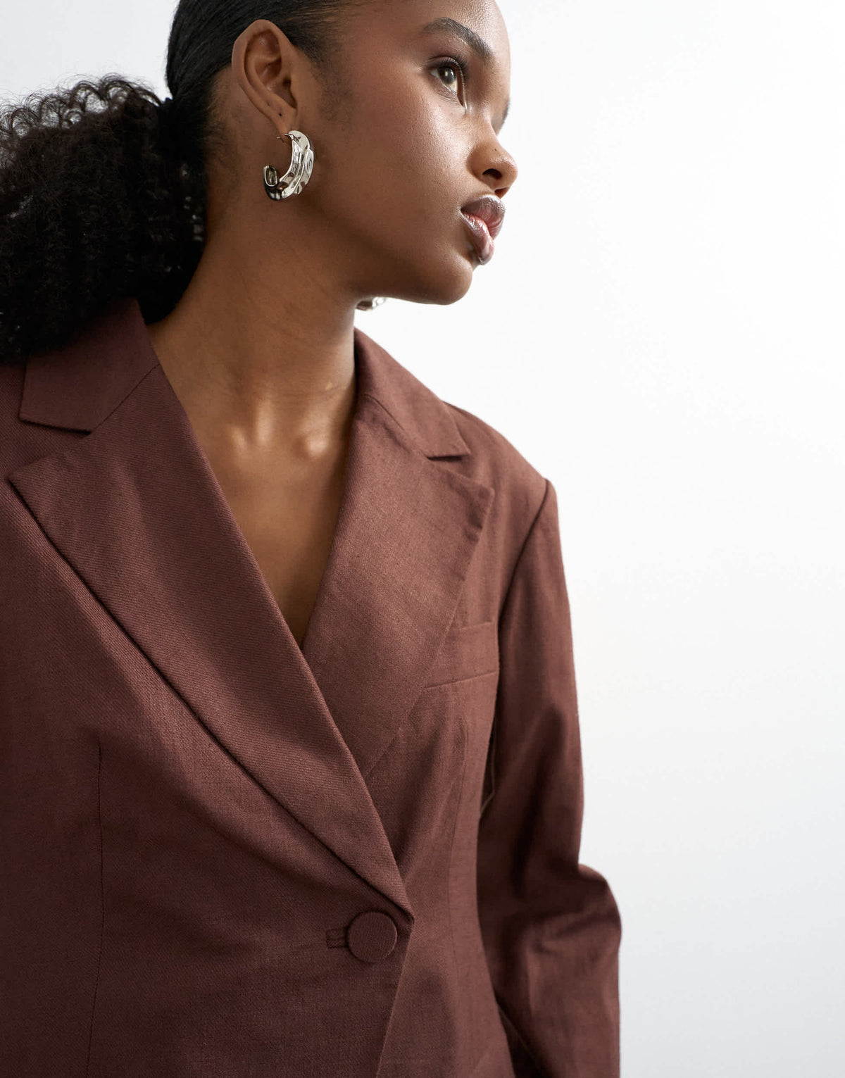 Topshop linen blend co ord occasion strong shoulder cinched waist blazer in chocolate