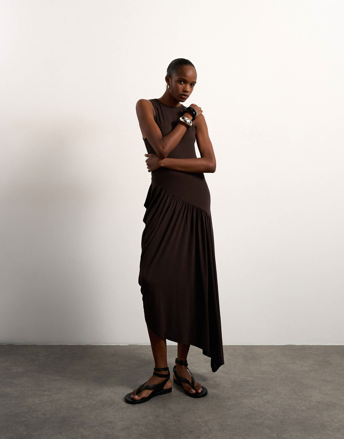 Topshop viscose drape bubble hem maxi dress in chocolate