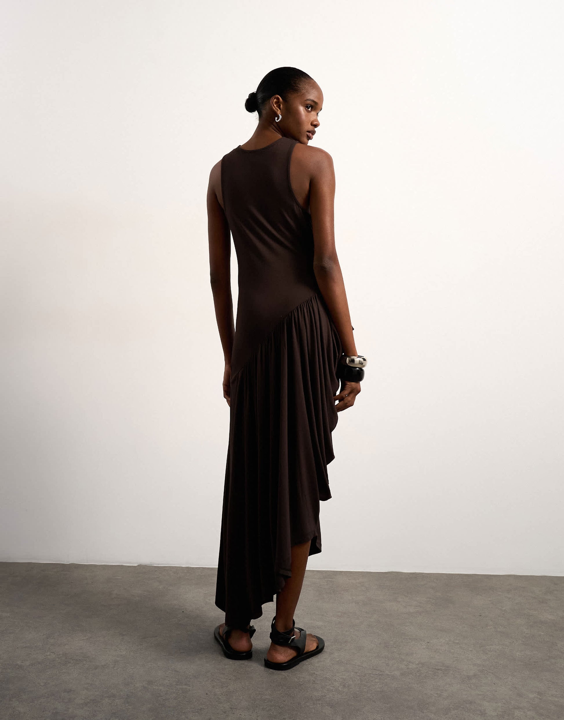 Topshop viscose drape bubble hem maxi dress in chocolate