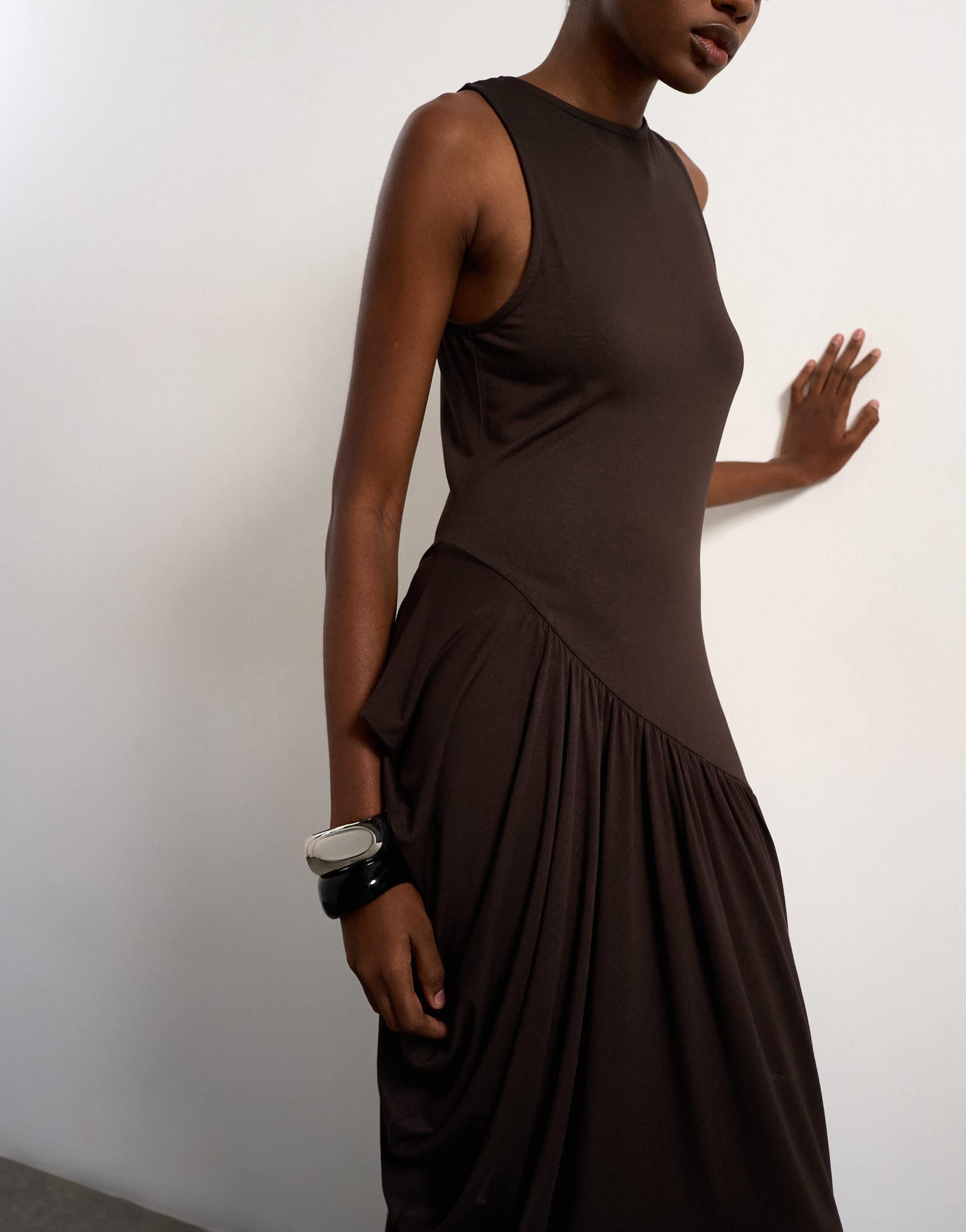 Topshop viscose drape bubble hem maxi dress in chocolate