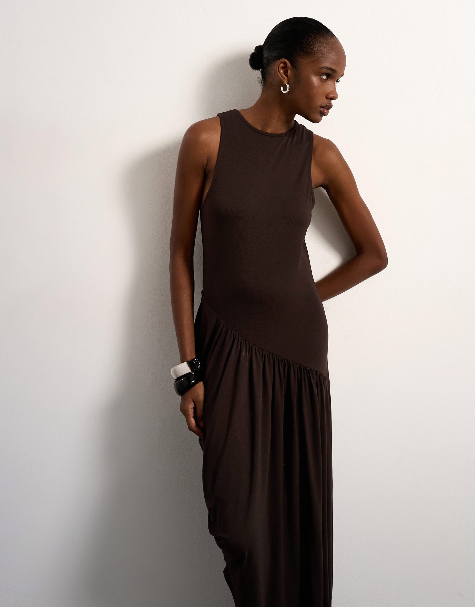 Topshop viscose drape bubble hem maxi dress in chocolate
