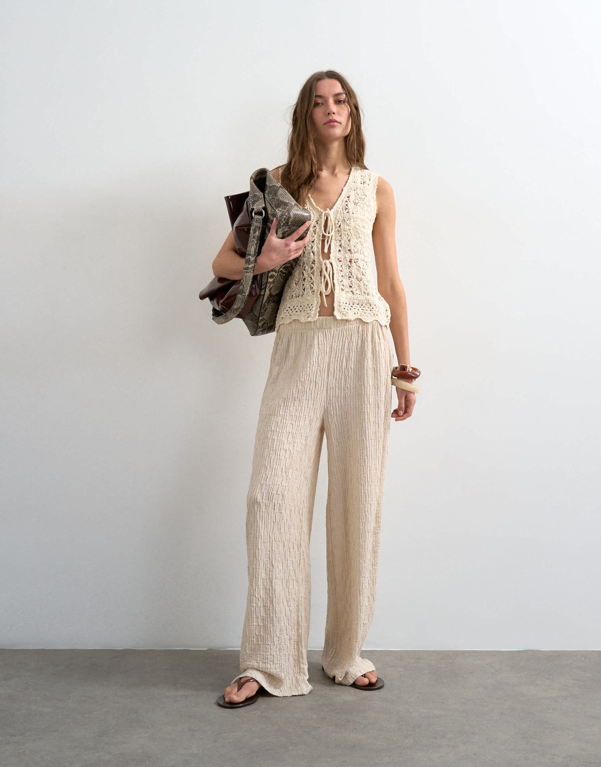 Topshop plisse jersey straight leg trousers in stone