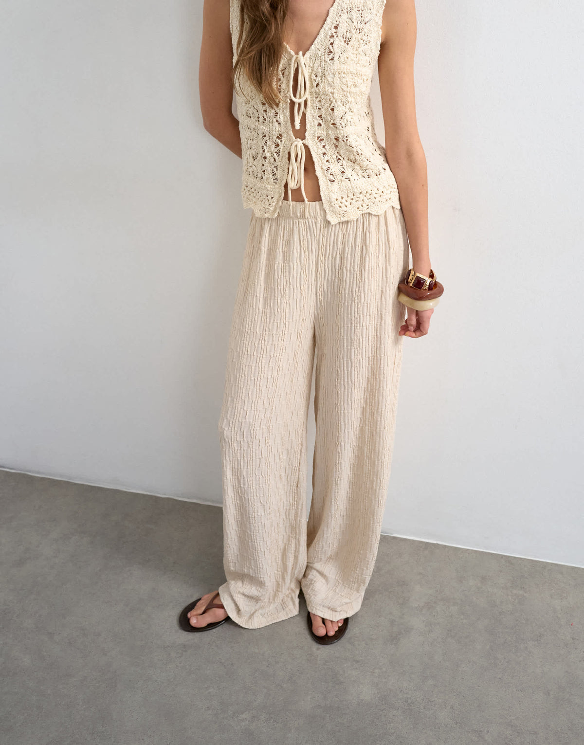 Topshop plisse jersey straight leg trousers in stone