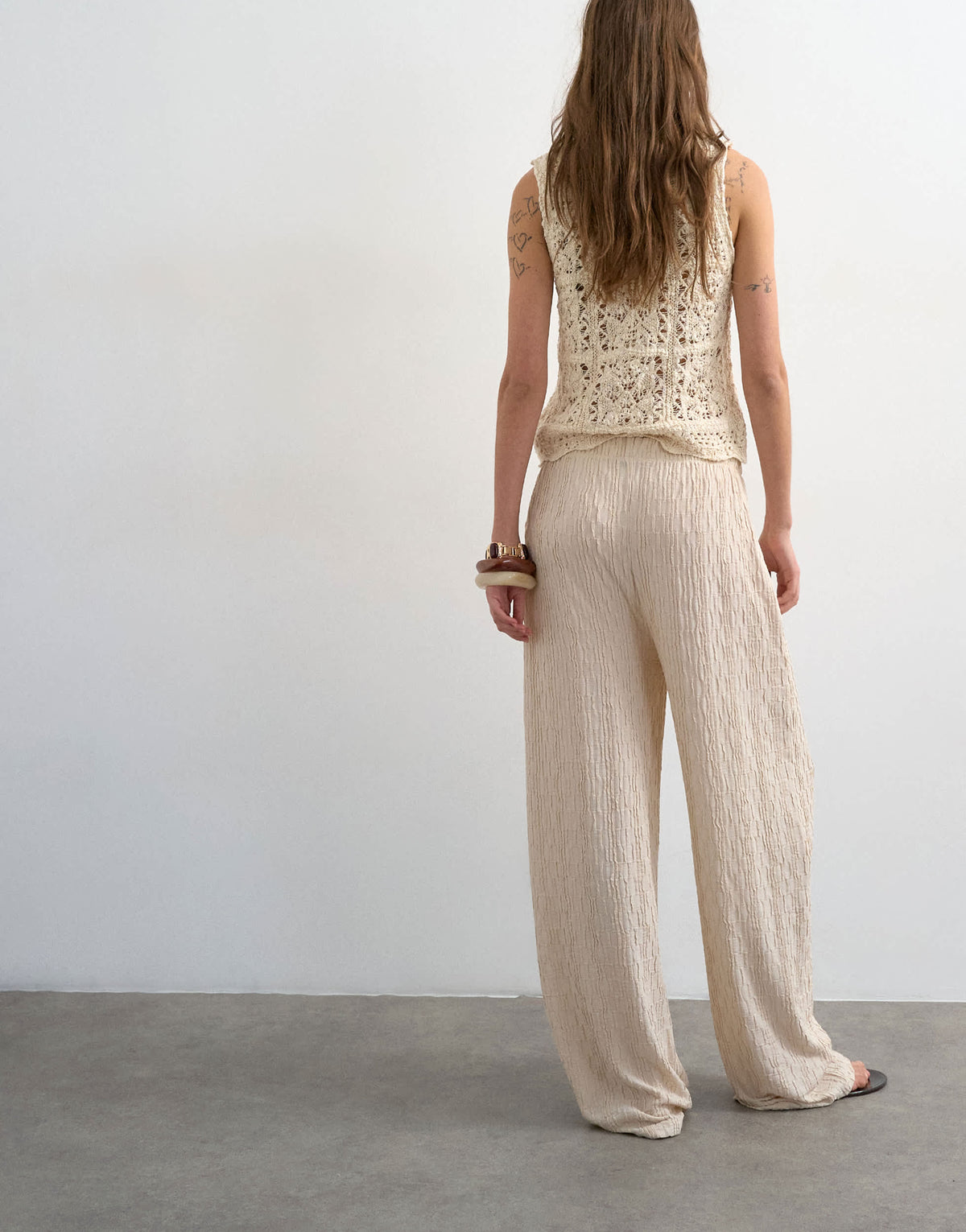 Topshop plisse jersey straight leg trousers in stone