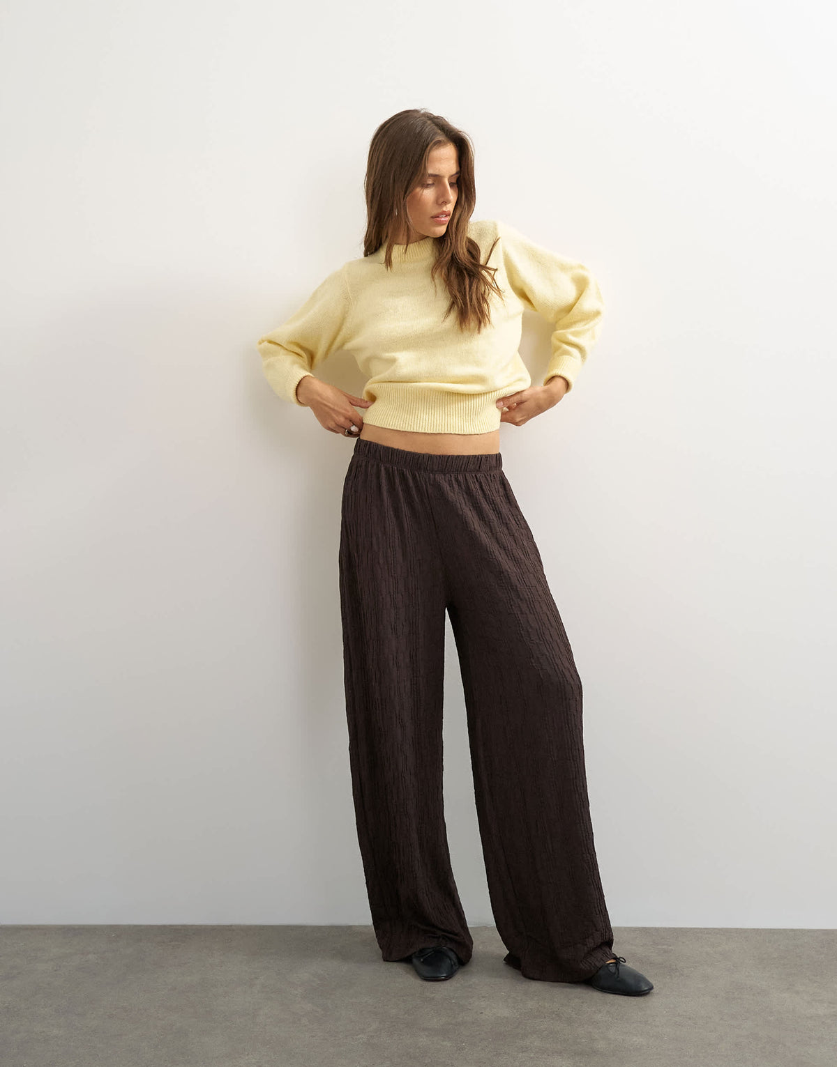 Topshop plisse jersey wide leg trousers in chocolate