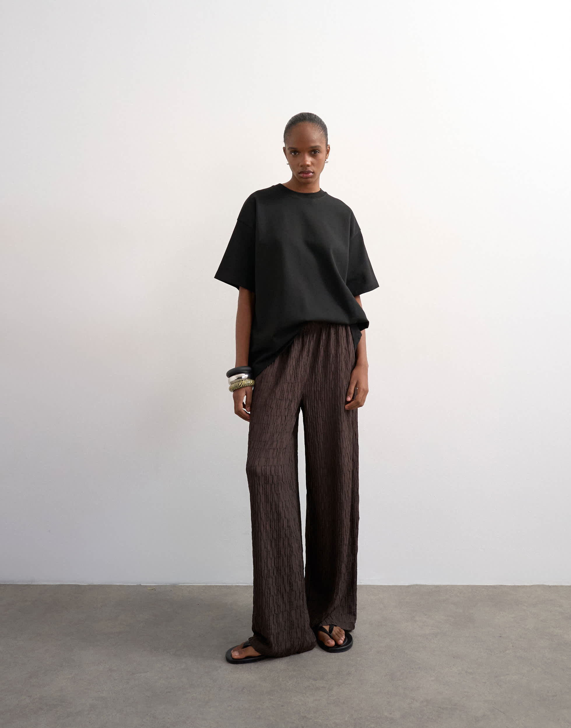 Topshop plisse jersey wide leg trousers in chocolate