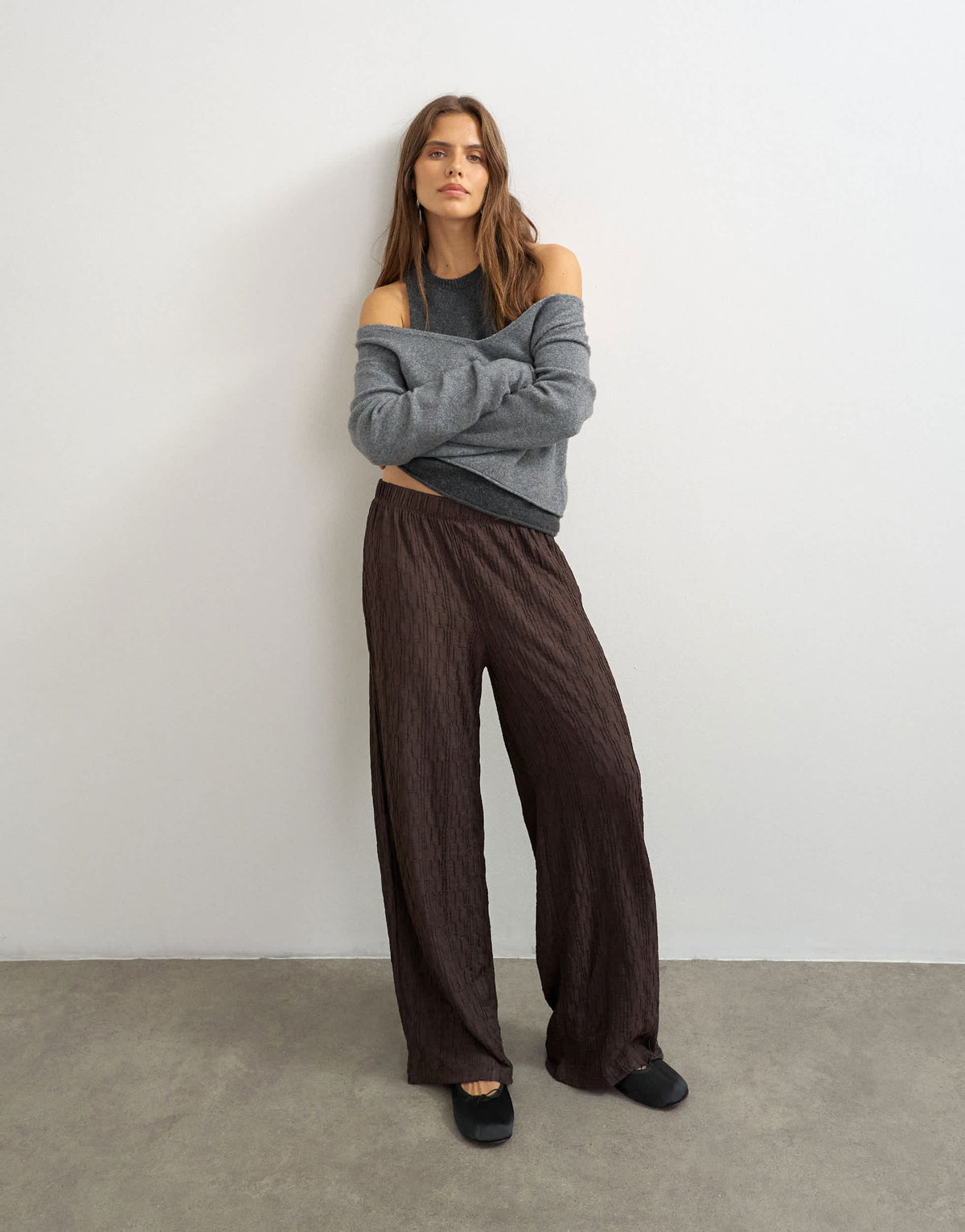 Topshop plisse jersey wide leg trousers in chocolate