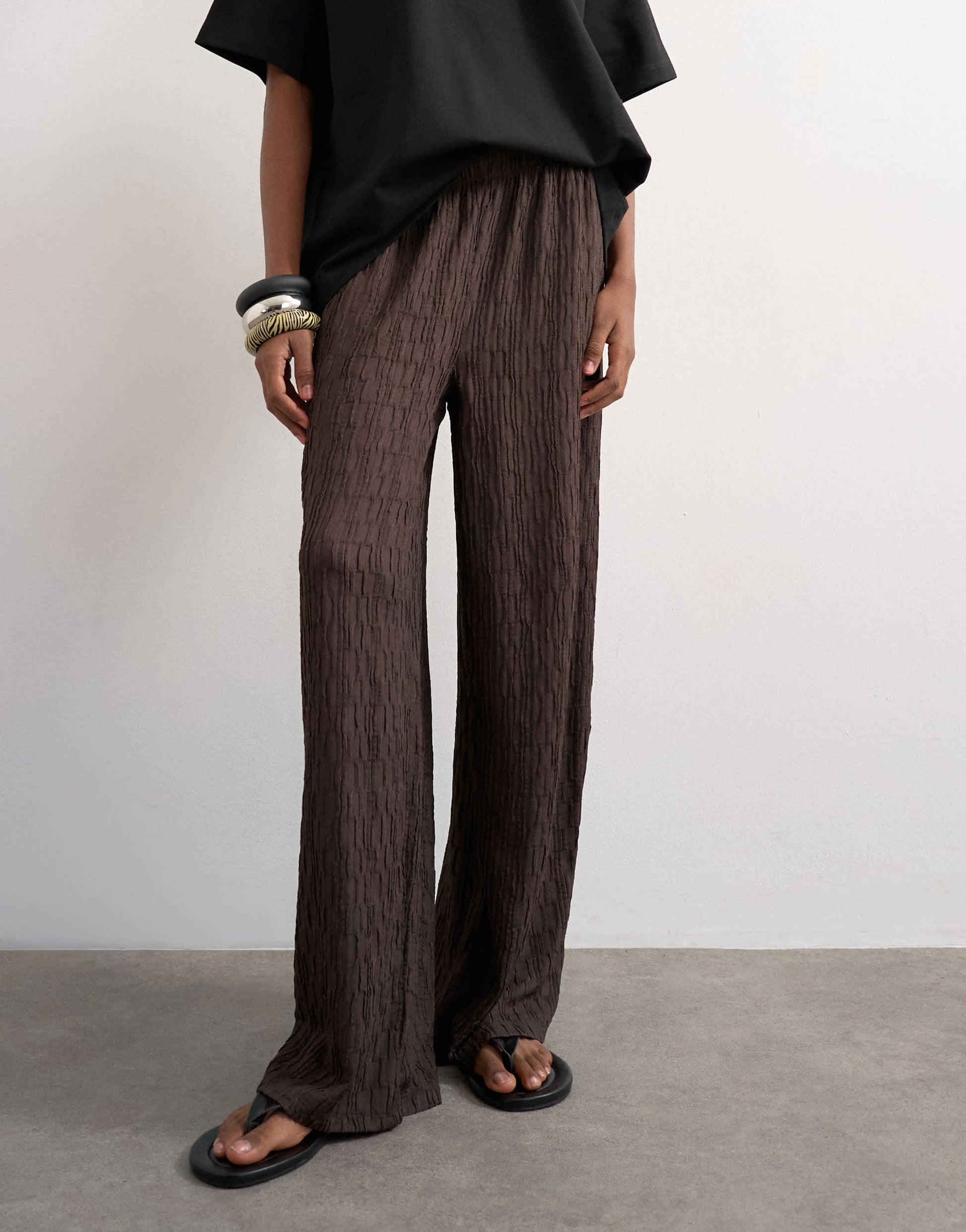Topshop plisse jersey wide leg trousers in chocolate