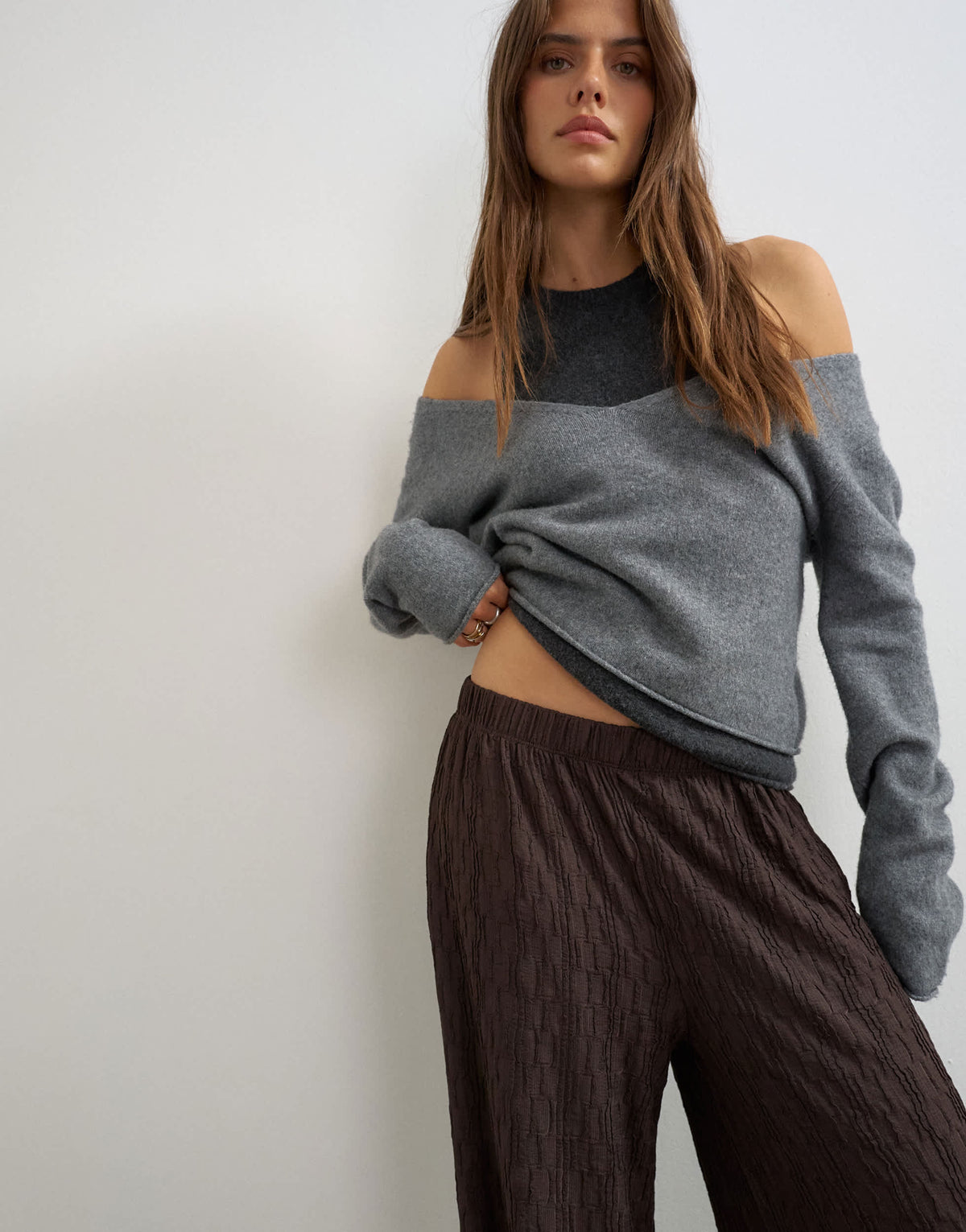 Topshop plisse jersey wide leg trousers in chocolate