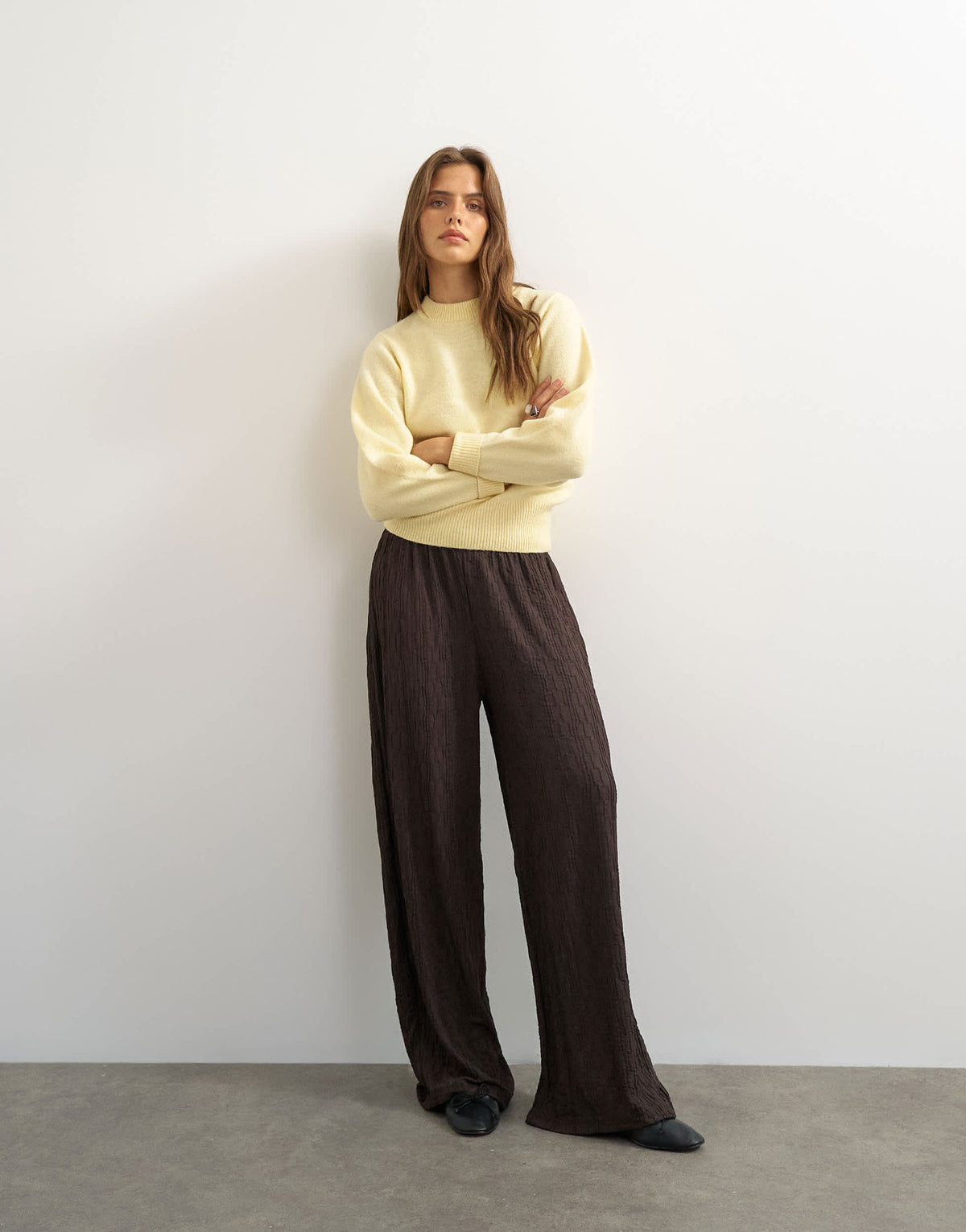 Topshop plisse jersey wide leg trousers in chocolate