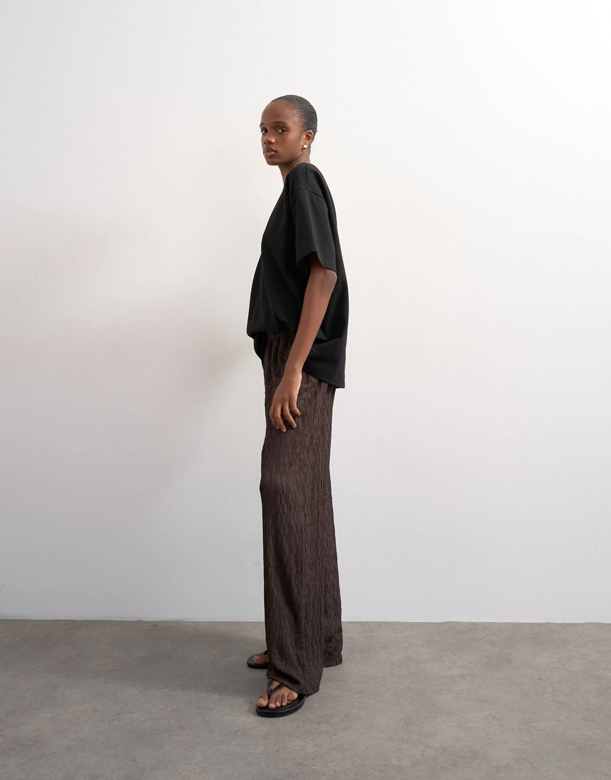Topshop plisse jersey wide leg trousers in chocolate