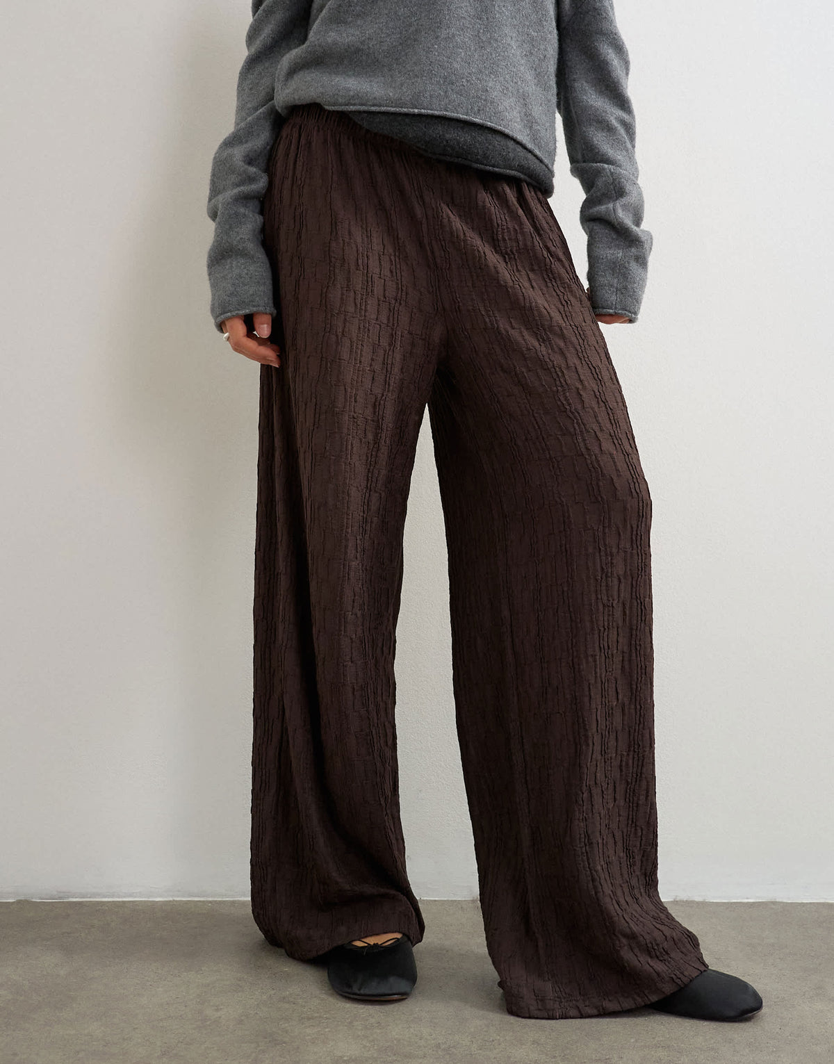 Topshop plisse jersey wide leg trousers in chocolate