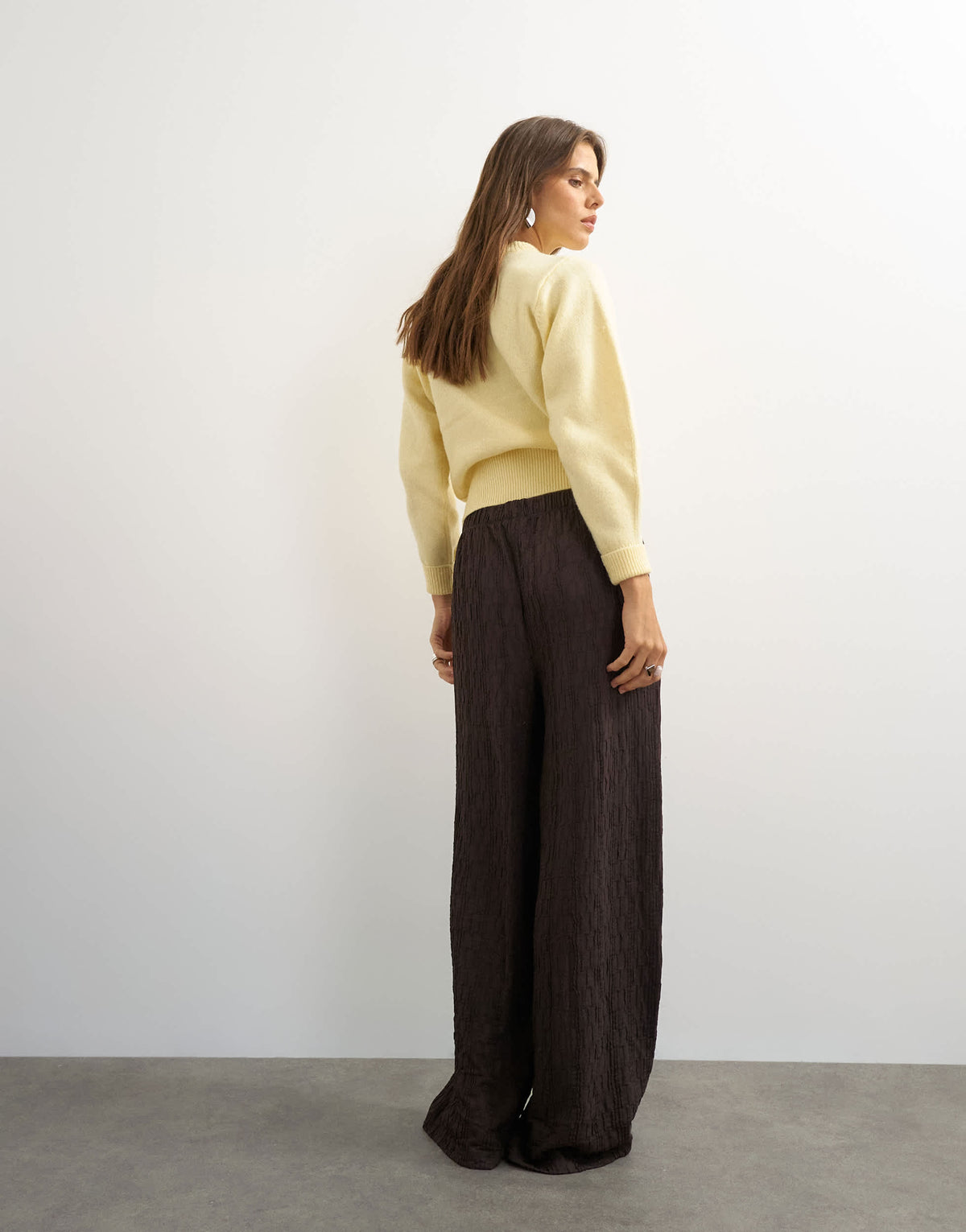 Topshop plisse jersey wide leg trousers in chocolate