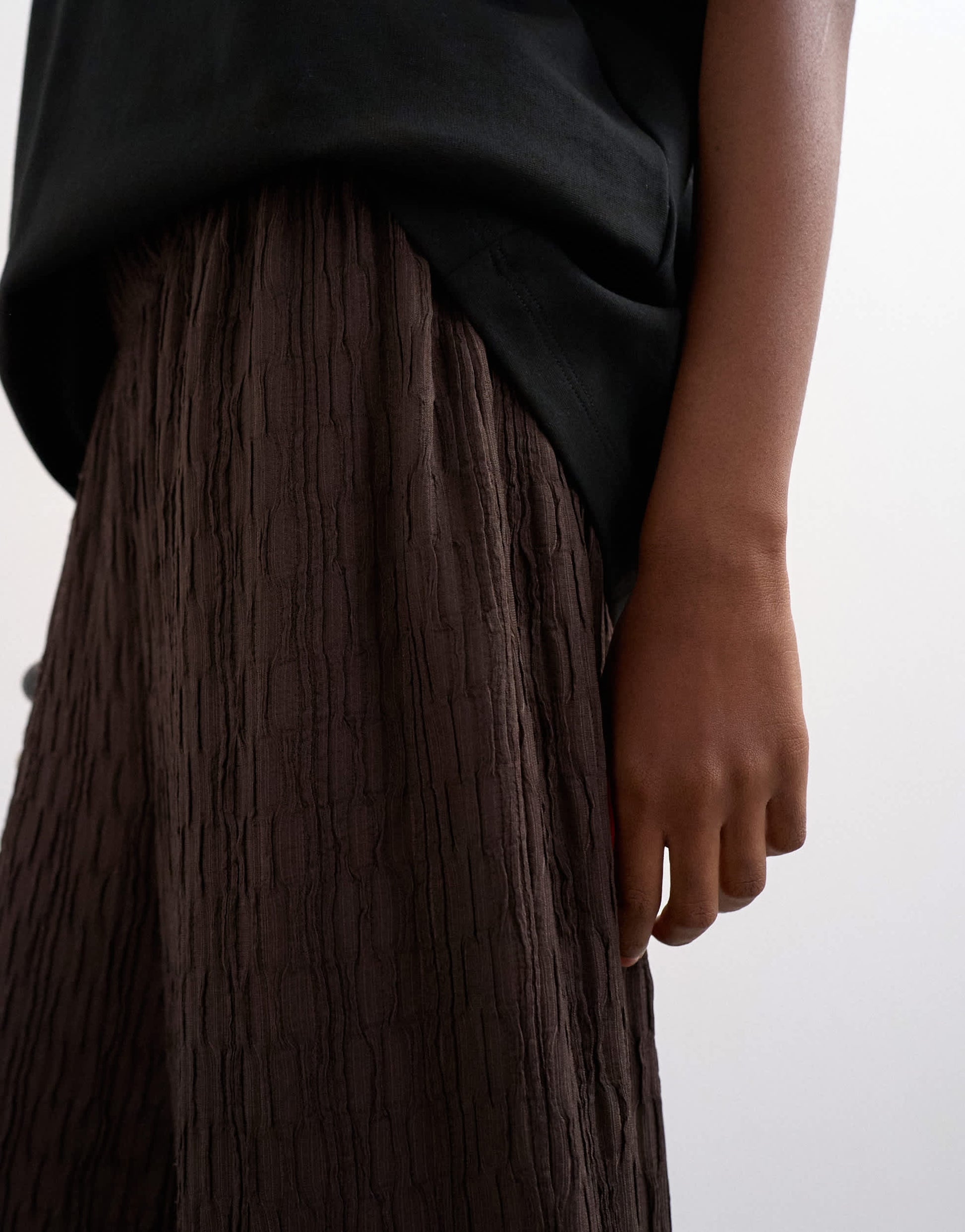 Topshop plisse jersey wide leg trousers in chocolate