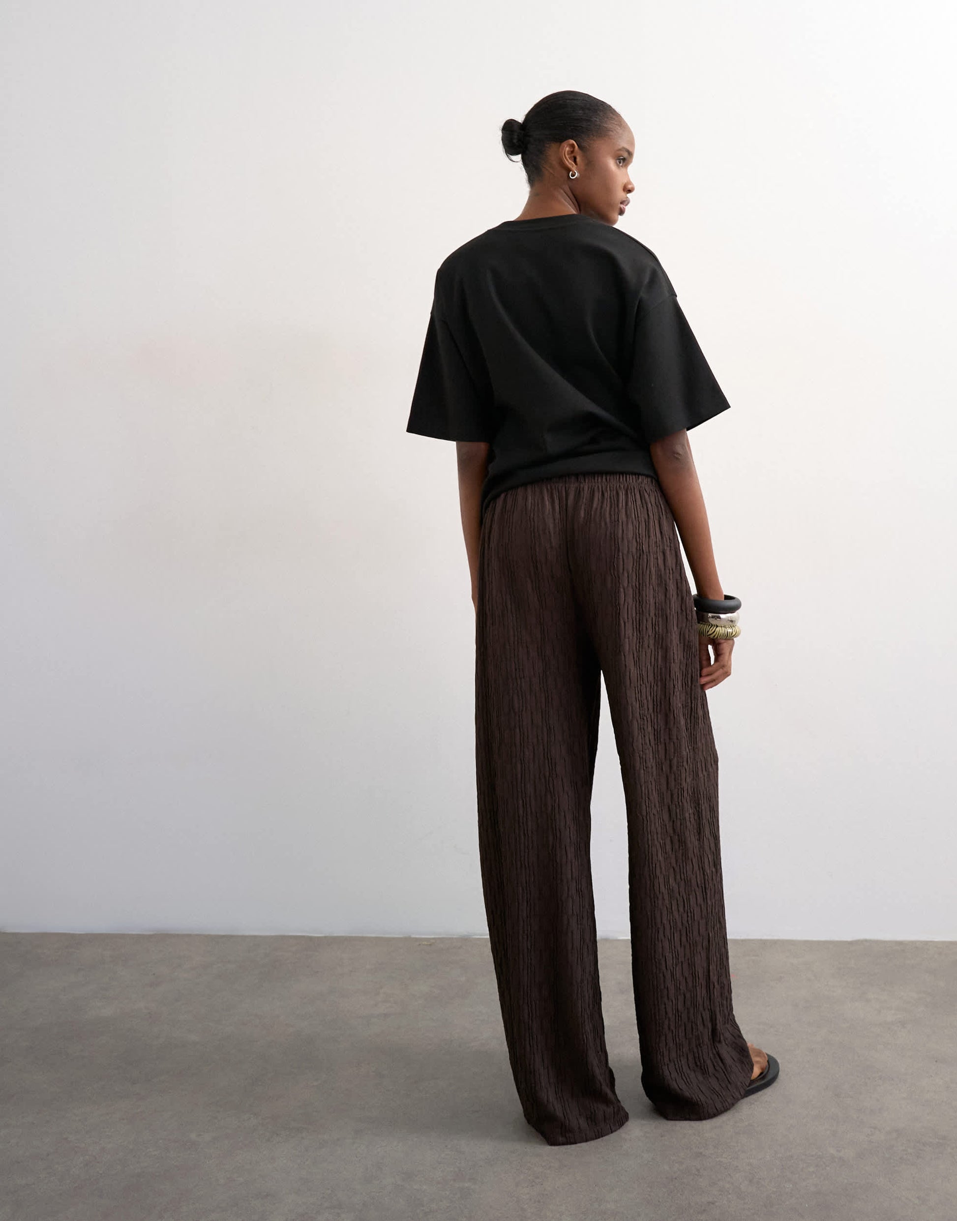 Topshop plisse jersey wide leg trousers in chocolate