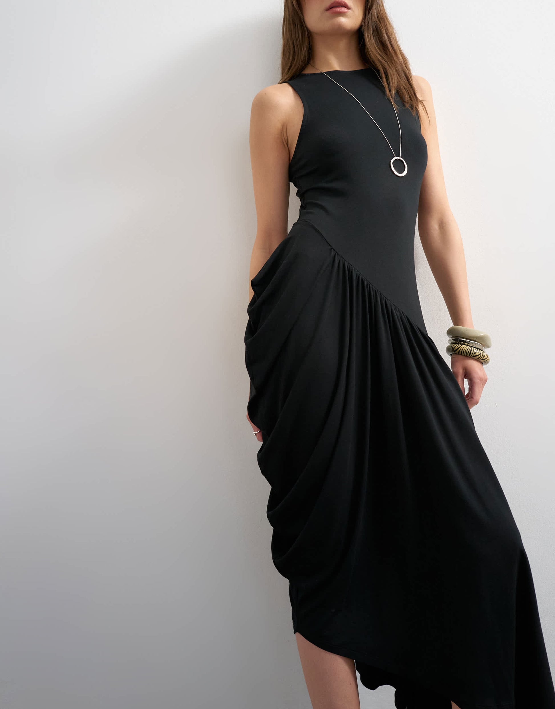Topshop viscose drape bubble hem racer maxi dress in black