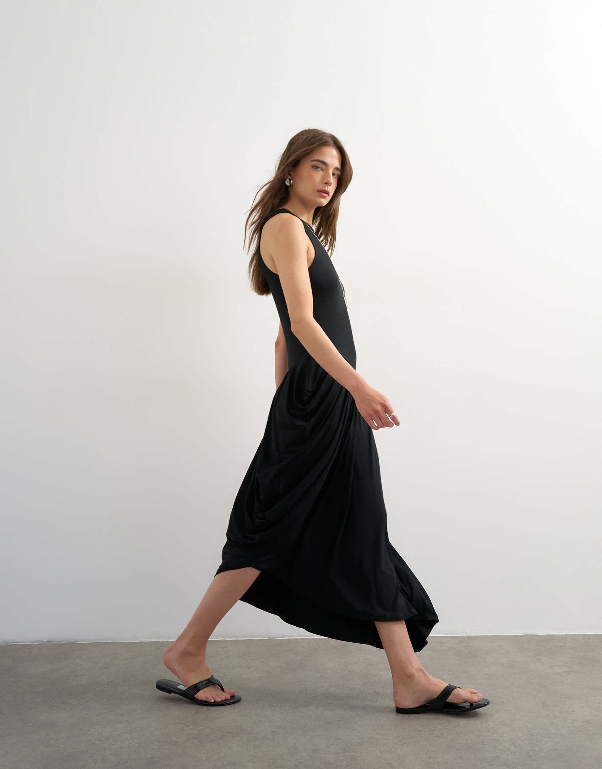 Topshop viscose drape bubble hem racer maxi dress in black