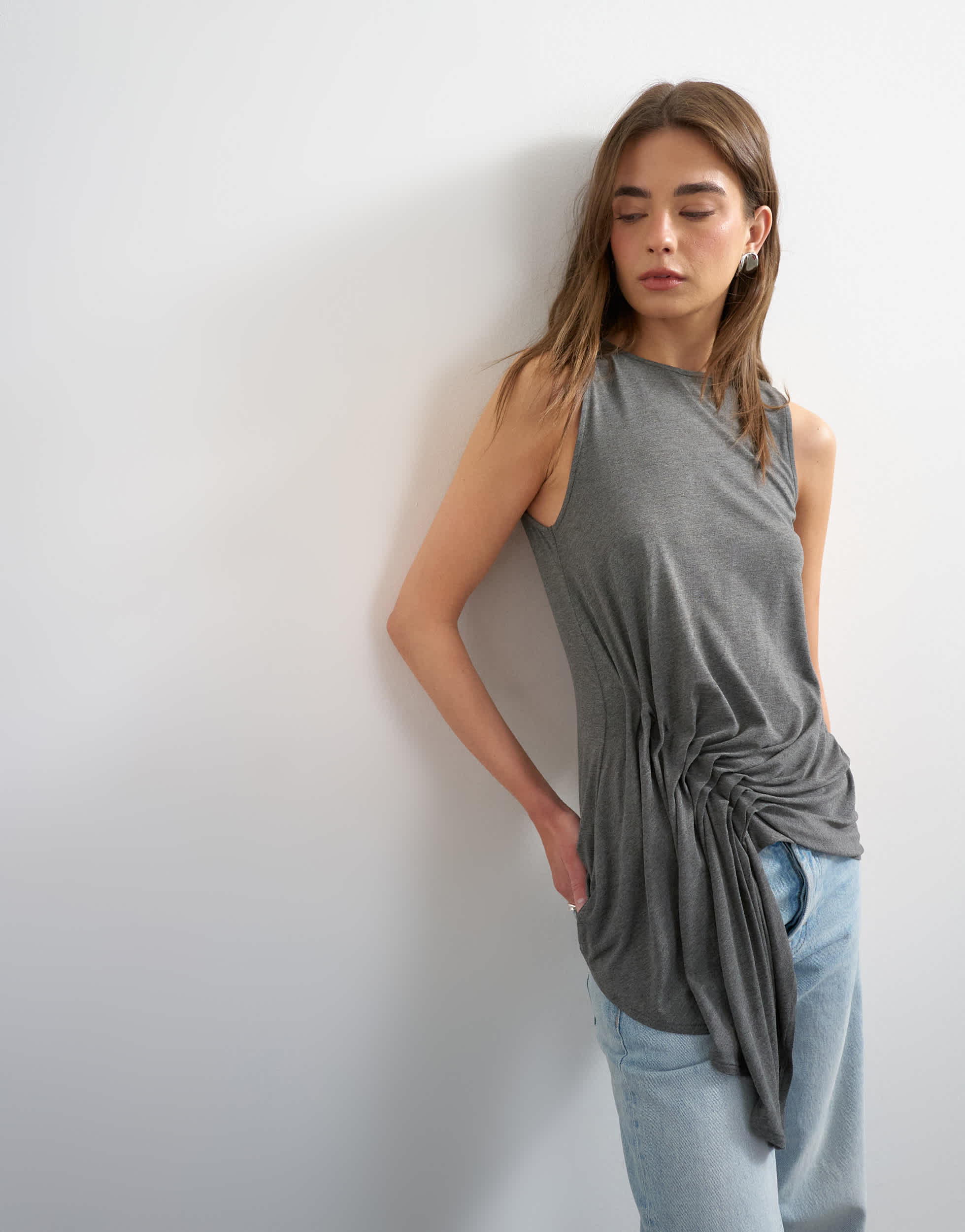 Topshop drape side detail tank top in charcoal marl