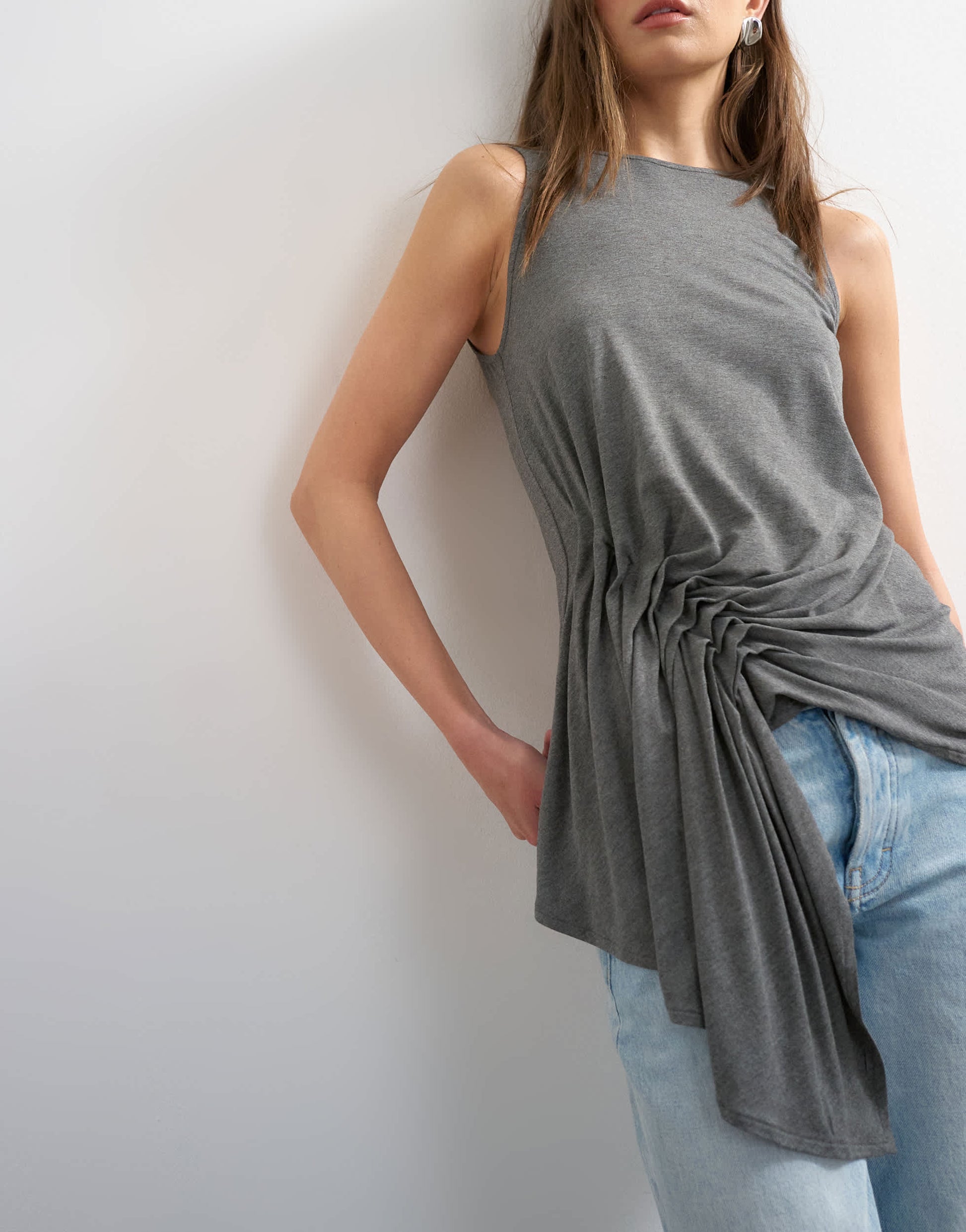 Topshop drape side detail tank top in charcoal marl