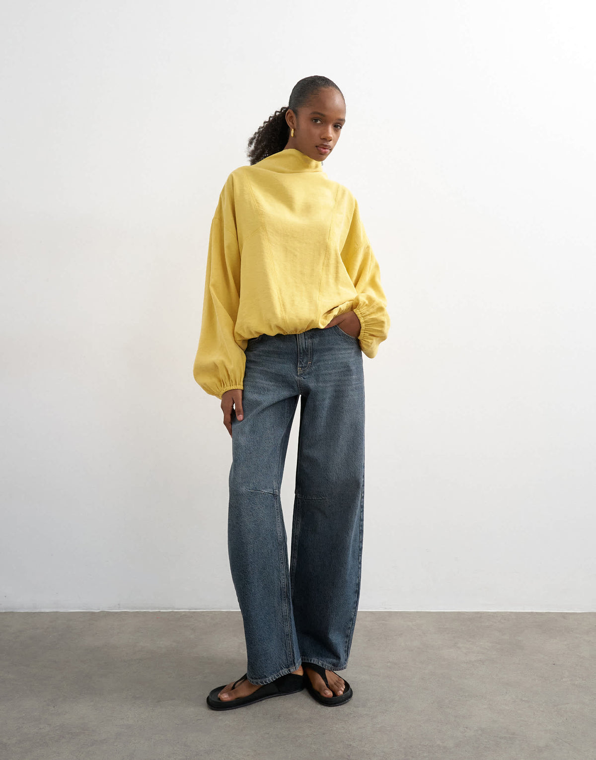 Topshop seam detail cuffed long sleeve top in yellow