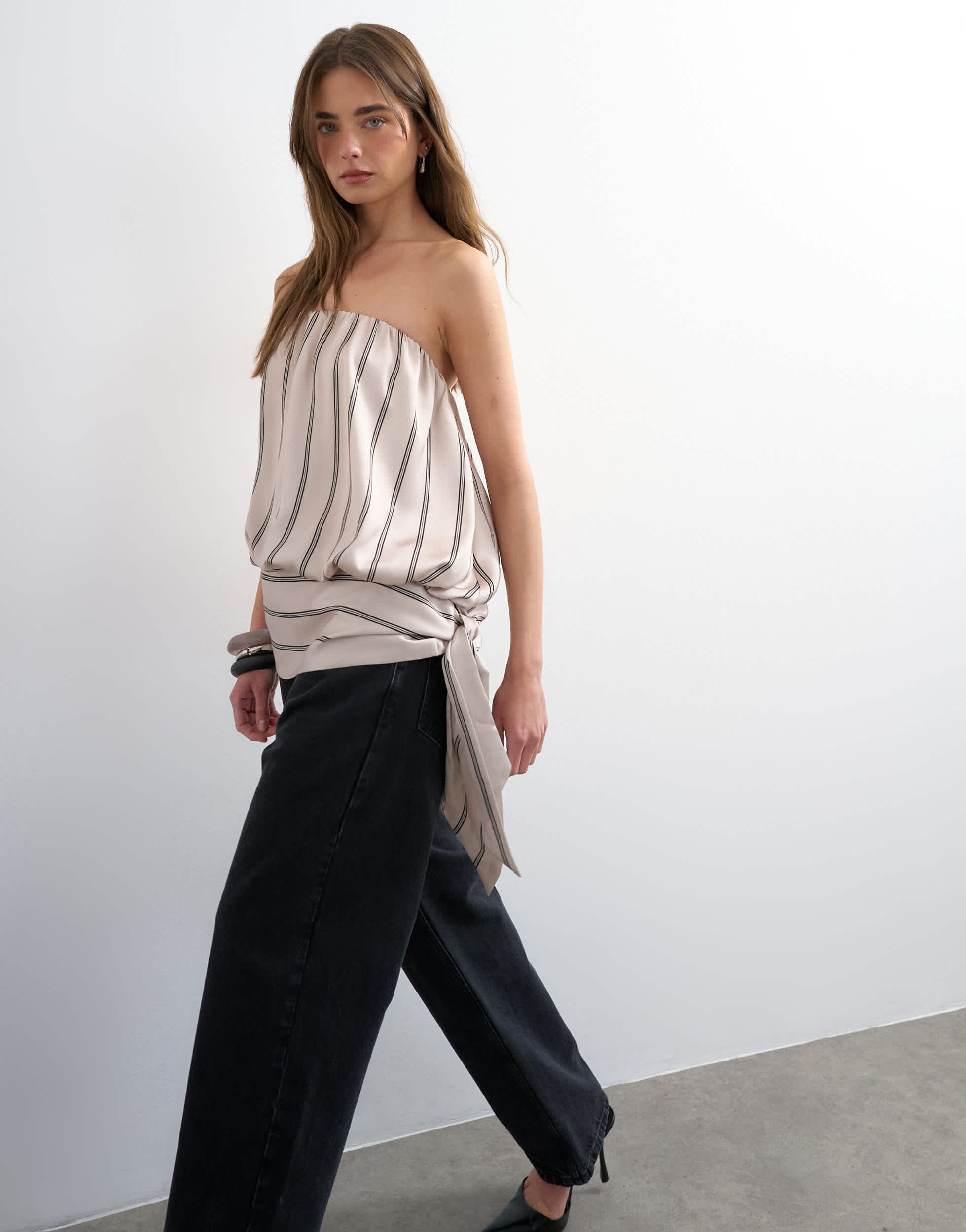 Topshop bandeau bubble stripe top in beige
