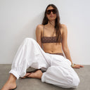 Topshop Italy bandeau bikini top with straps in chocolate polka dot