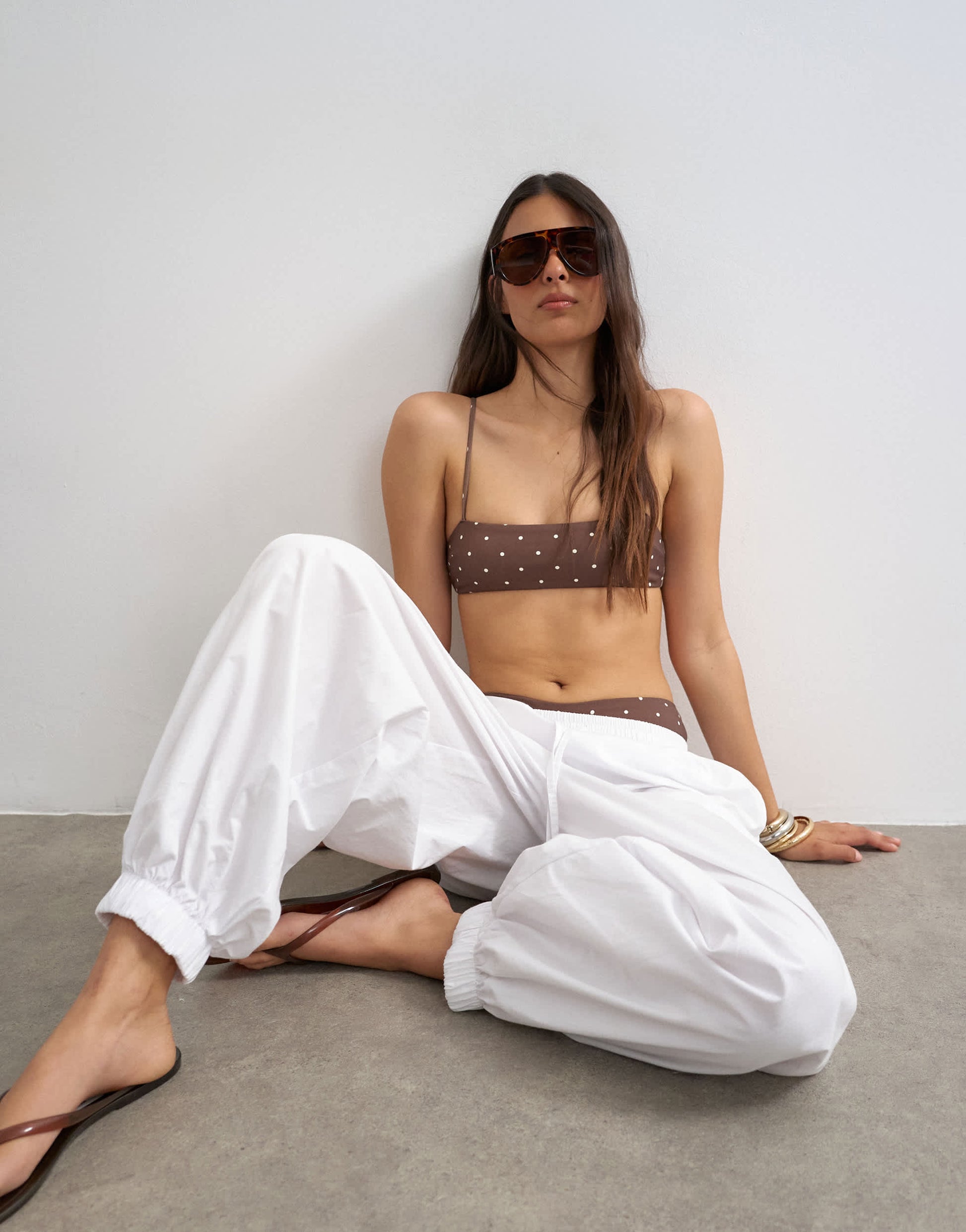 Topshop Italy bandeau bikini top with straps in chocolate polka dot
