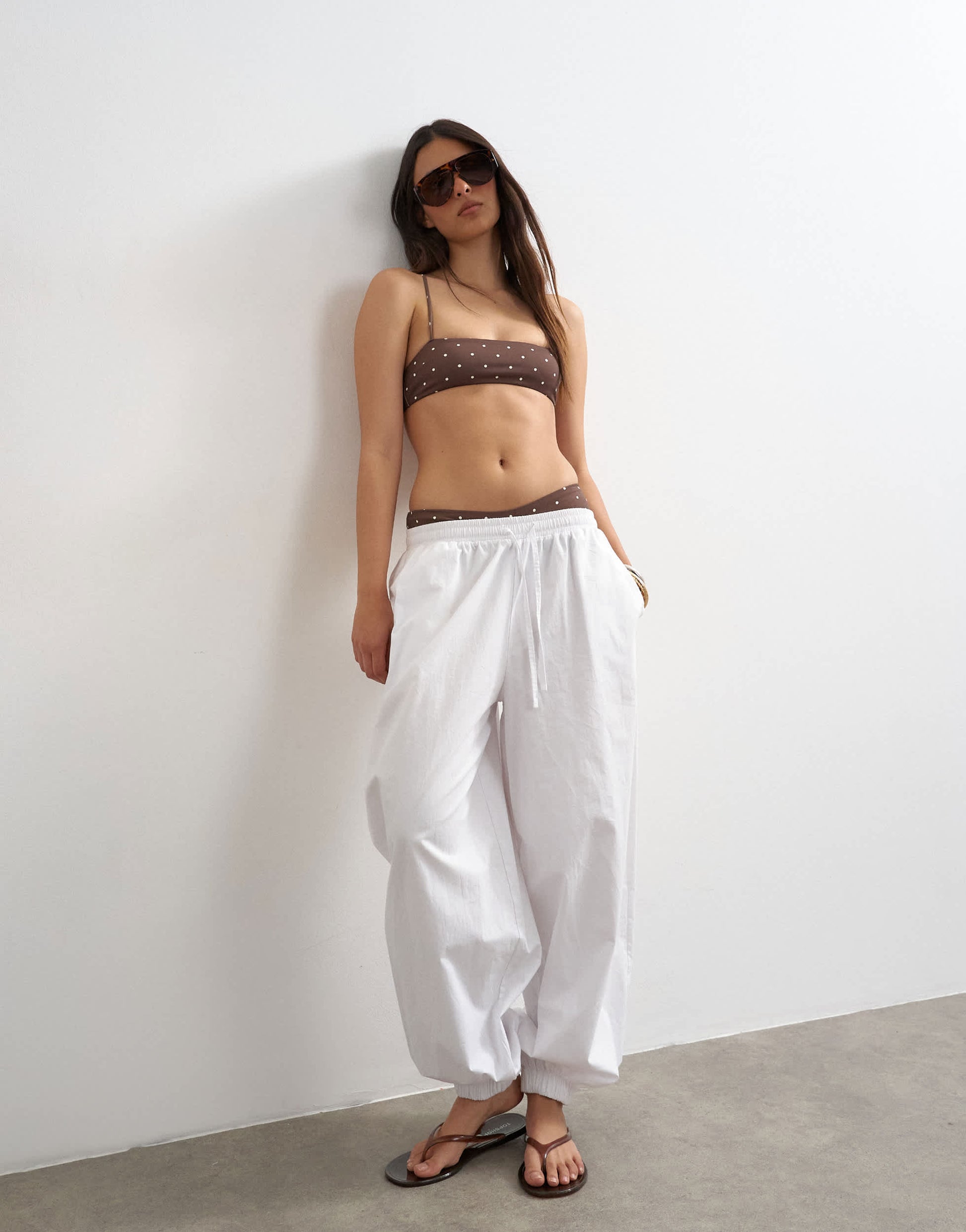 Topshop Italy bandeau bikini top with straps in chocolate polka dot