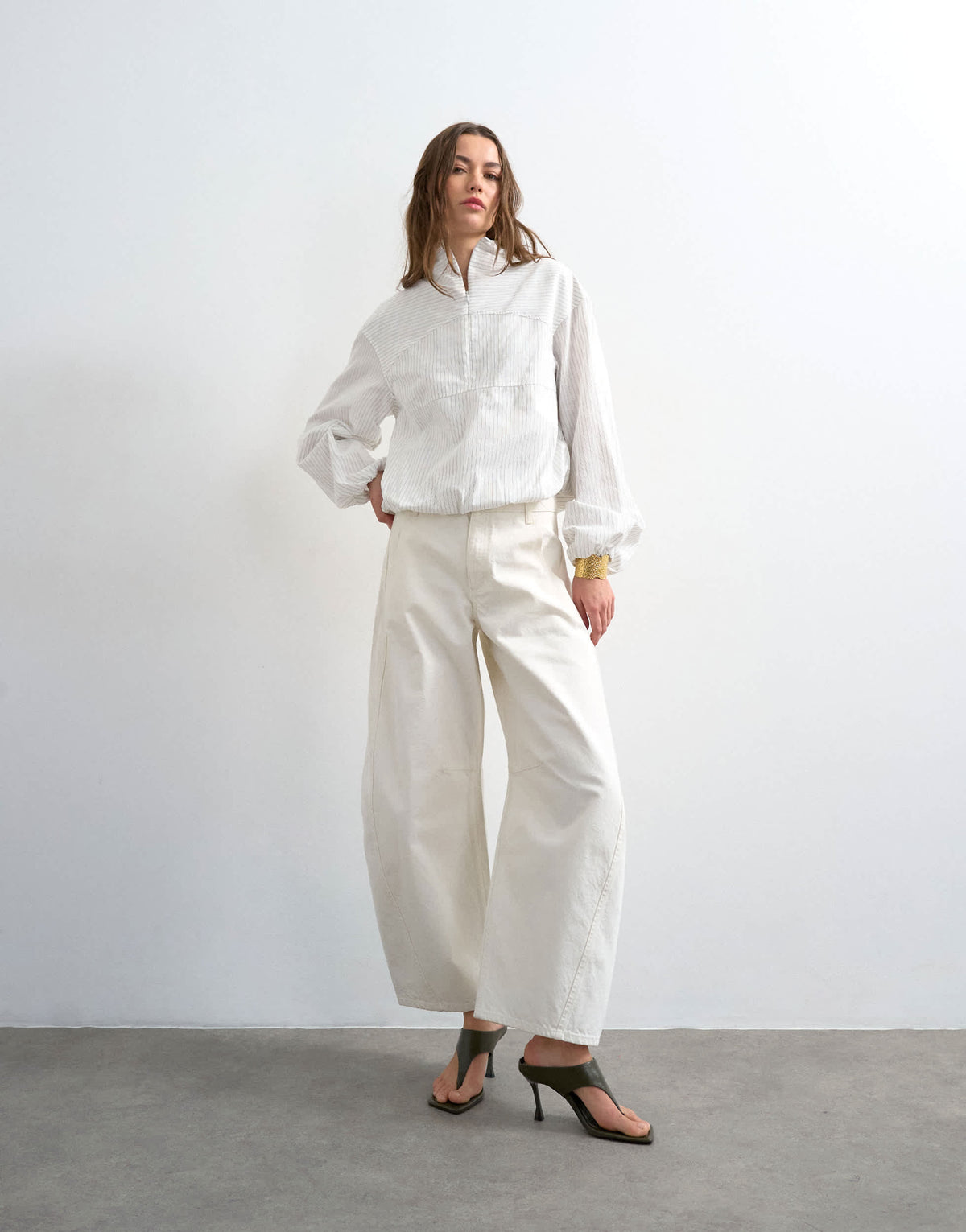 Topshop stripe zip long sleeve cuffed top in white