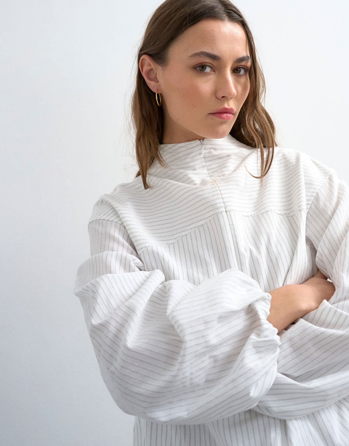 Topshop stripe zip long sleeve cuffed top in white