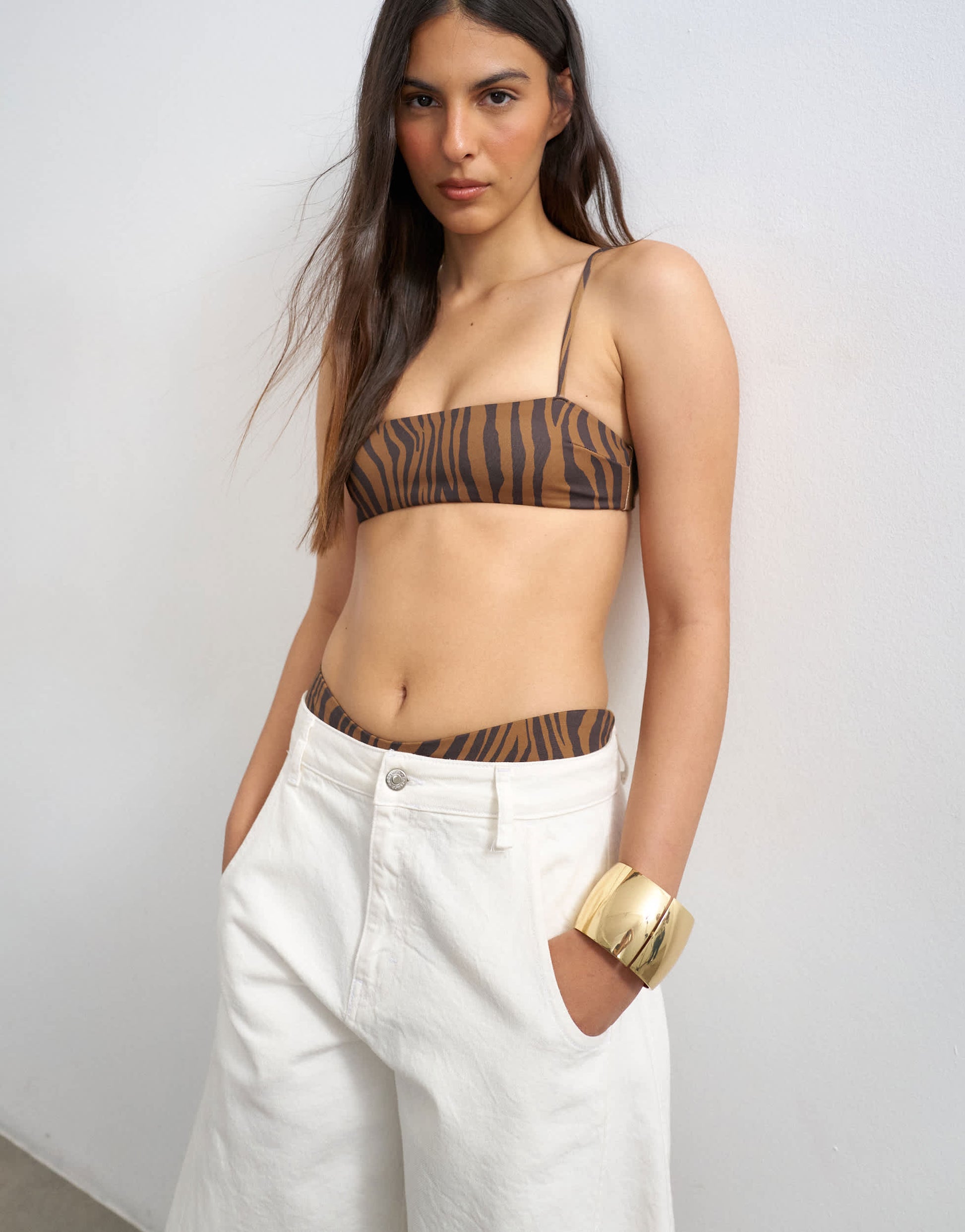 Topshop Italy bandeau bikini top with straps in tiger print