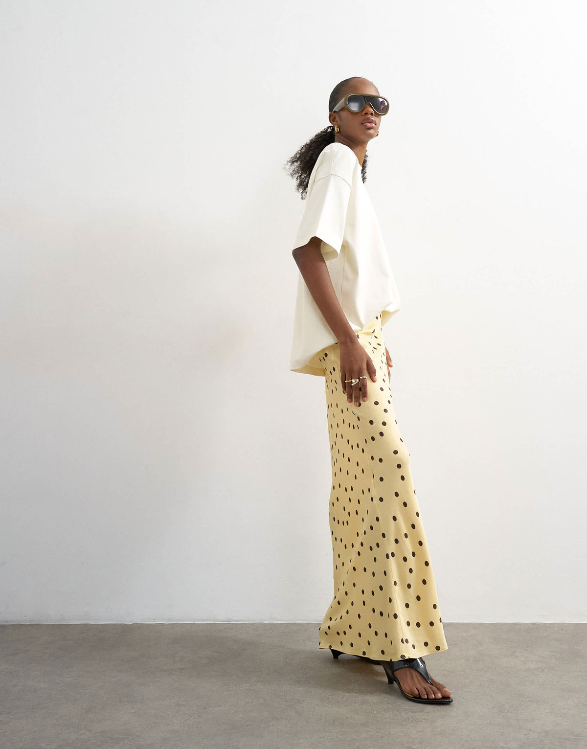 Topshop polka dot flood length satin bias maxi skirt in buttermilk