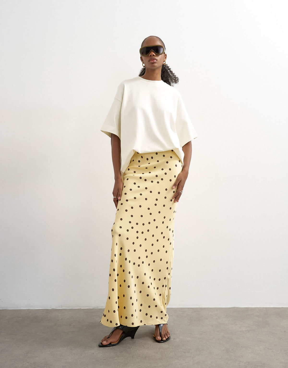 Topshop polka dot flood length satin bias maxi skirt in buttermilk