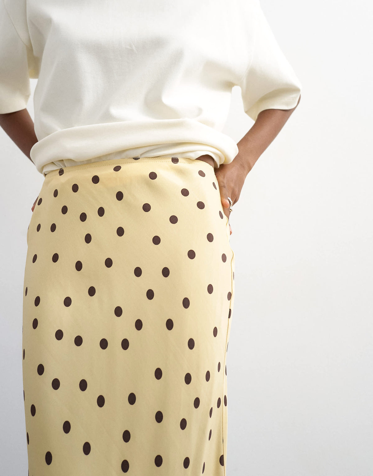 Topshop polka dot flood length satin bias maxi skirt in buttermilk